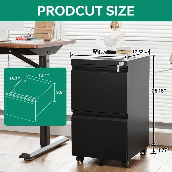 3 Drawer Mobile File Cabinet with Lock,Under Desk Metal Filing Cabinets for Home Office Organizer Letters/Legal/A4((Fully Assembled-Black)