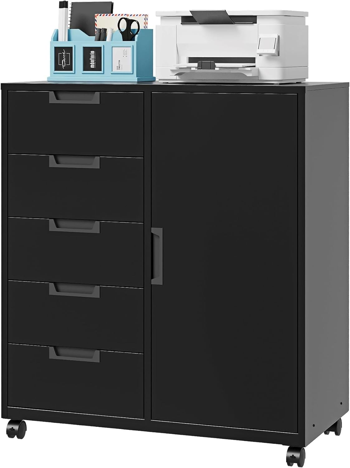 5 Drawer Storage Cabinet, Mobile Printer Stand for Home Office,Dresser Chest with Shelves and Door(Black)