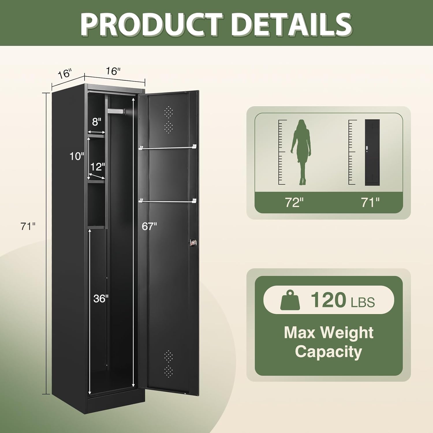 Broom Closet Storage Cabinet,Metal Cleaning Supply Tool Cabinet,Utility Cabinets for Brooms & Mops Black Garage Organization Cabinet for Laundry Room, Bathroom