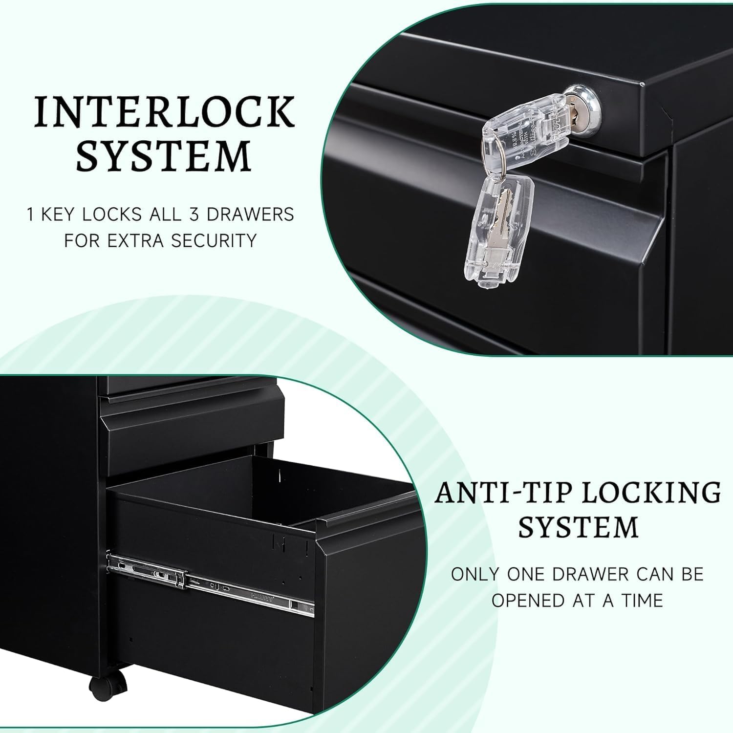 3 Drawer Mobile File Cabinet with Lock,Under Desk Metal Filing Cabinets for Home Office Organizer Letters/Legal/A4((Fully Assembled-Black)