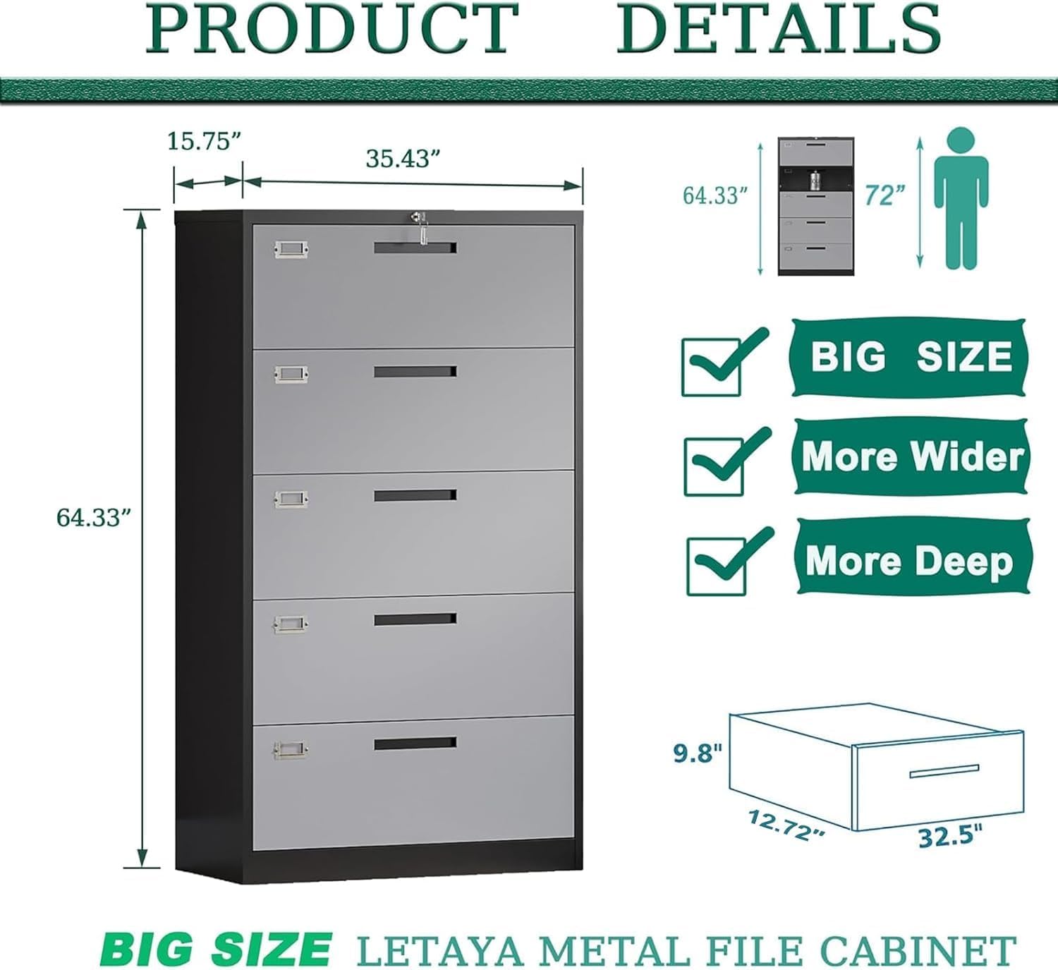 Metal Lateral File Cabinets with Lock,2 Drawer Steel Wide Filing Organization Storage Cabinets,Home Office Furniture for Hanging Files Letter/Legal/F4/A4 Size (Blcak-2 Drawer)