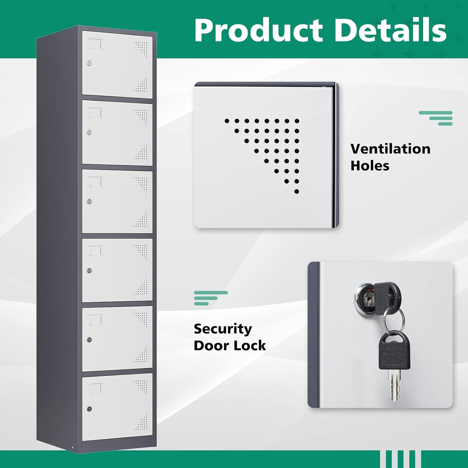 Metal Lockers for Employees,71" Steel Storage Cabinet with 6 Door Lockable for Office Staff,Home,Gym,School (Grey White)