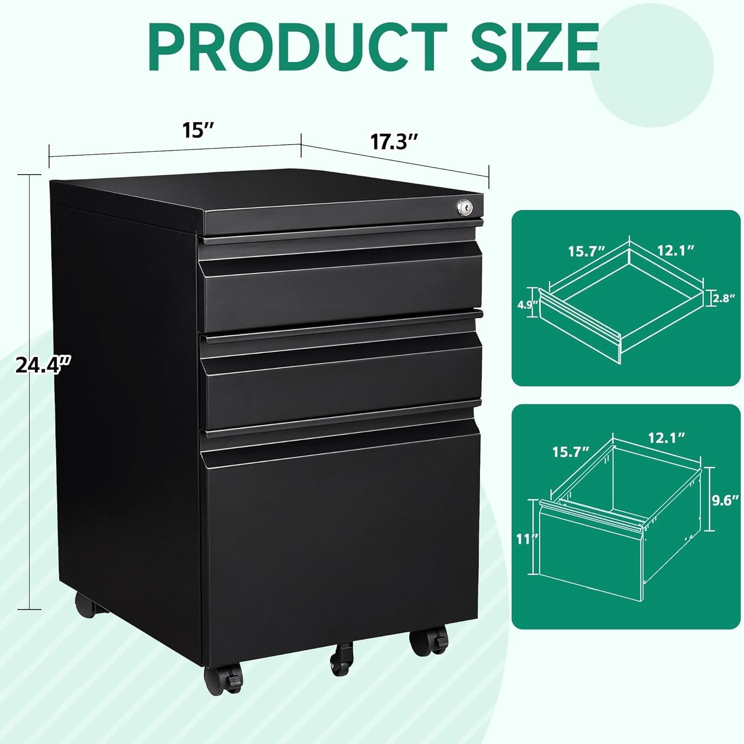 3 Drawer Mobile File Cabinet with Lock,Under Desk Metal Filing Cabinets for Home Office Organizer Letters/Legal/A4((Fully Assembled-Black)