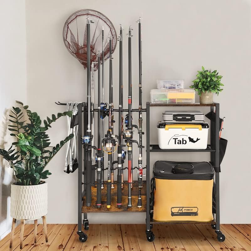 Fishing Rod Holders for Garage, Fishing Pole Holders Rolling Cart with Tackle Storage Organizer for Boat Home Entryway, Equipment Box & Reel Organization, Ideal Gift for Men Dad Anglers