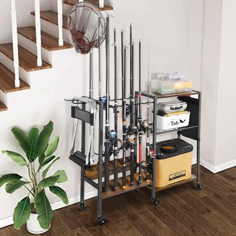 Fishing Rod Holders for Garage, Fishing Pole Holders Rolling Cart with Tackle Storage Organizer for Boat Home Entryway, Equipment Box & Reel Organization, Ideal Gift for Men Dad Anglers