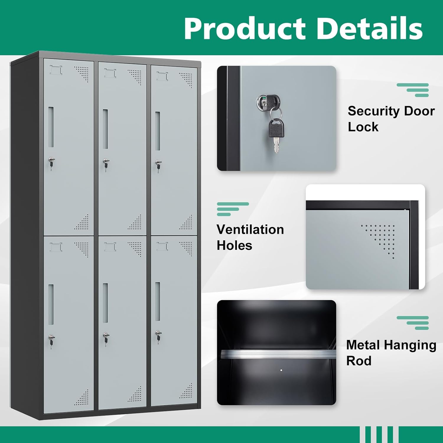 Metal Lockers for Employees,71" Steel Storage Cabinet with 6 Door Lockable for Office Staff,Home,Gym,School (Grey White)