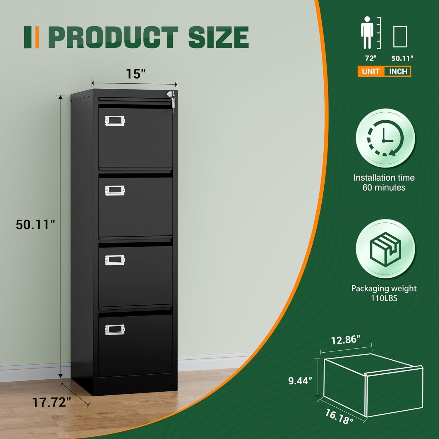 2 Drawer File Cabinet with Lock,Metal Office Small Filing Cabinets for Home Office,Storage Letter,Black-Easy Assemble