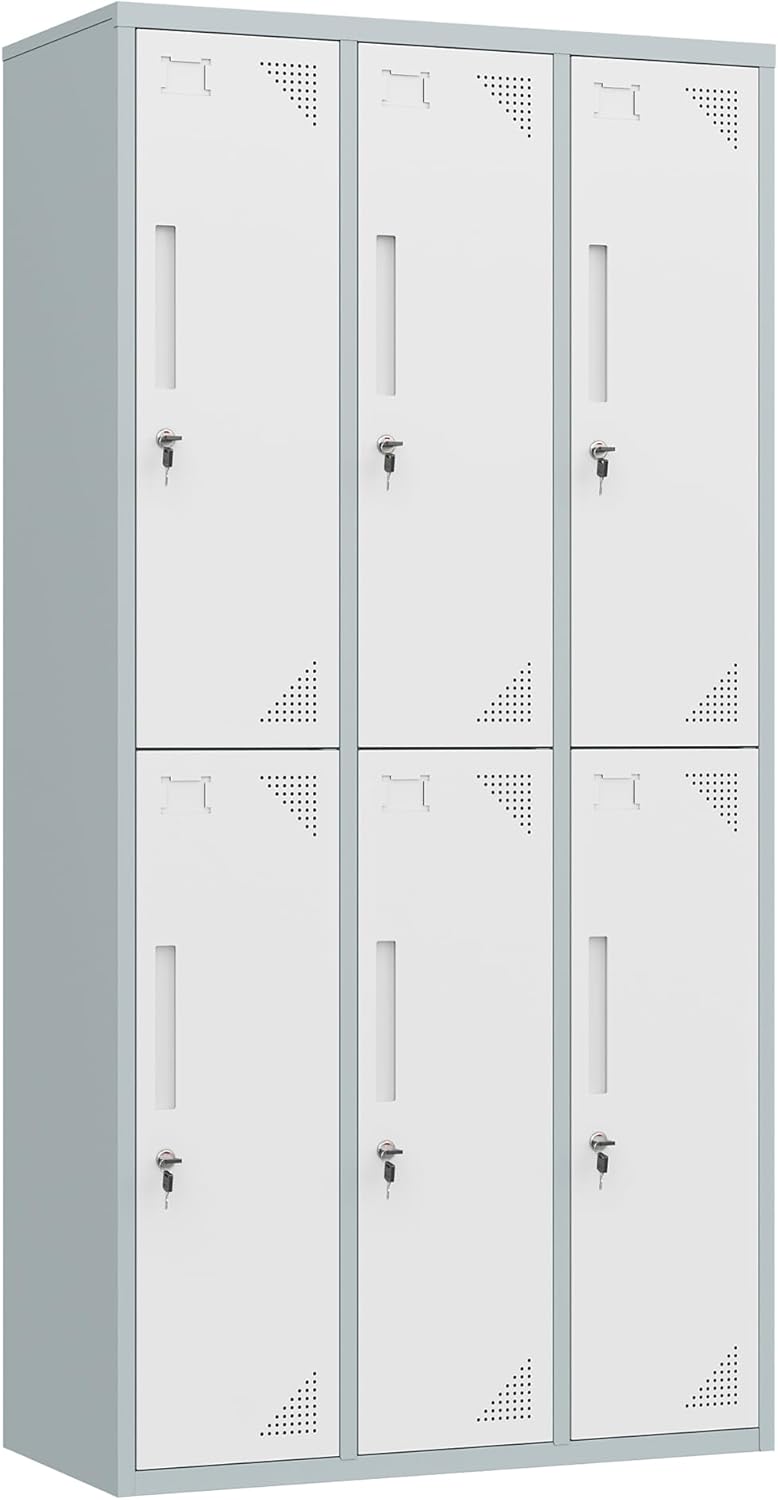 Metal Lockers for Employees,71" Steel Storage Cabinet with 6 Door Lockable for Office Staff,Home,Gym,School (Grey White)