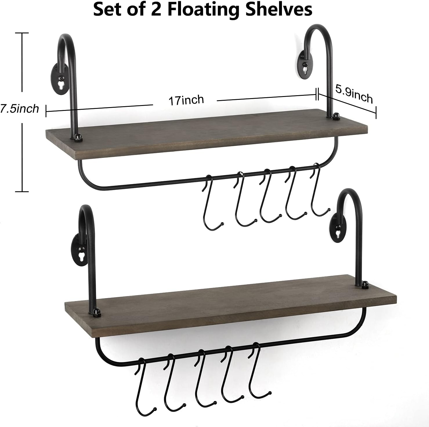 Coffee Mug Cup Holder Wall Mount, Floating Wall Shelves for Coffee Bar Organizer and Decor, Mug Rack Shelf with 10 Hooks for Kitchen Bathroom Coffee Bar Accessories Set of 2 (Carbonized Black)