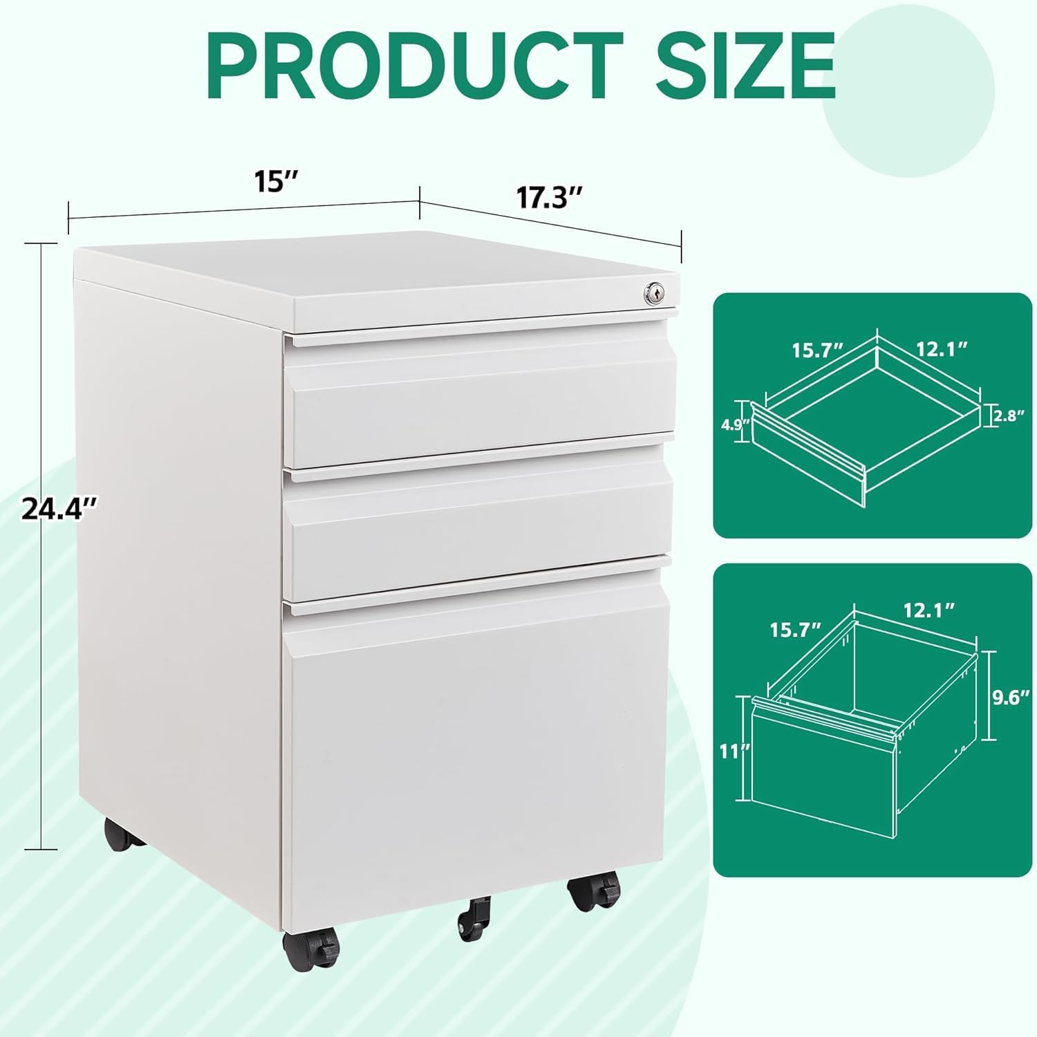 3 Drawer Mobile File Cabinet with Lock,Under Desk Metal Filing Cabinets for Home Office Organizer Letters/Legal/A4((Fully Assembled-Black)