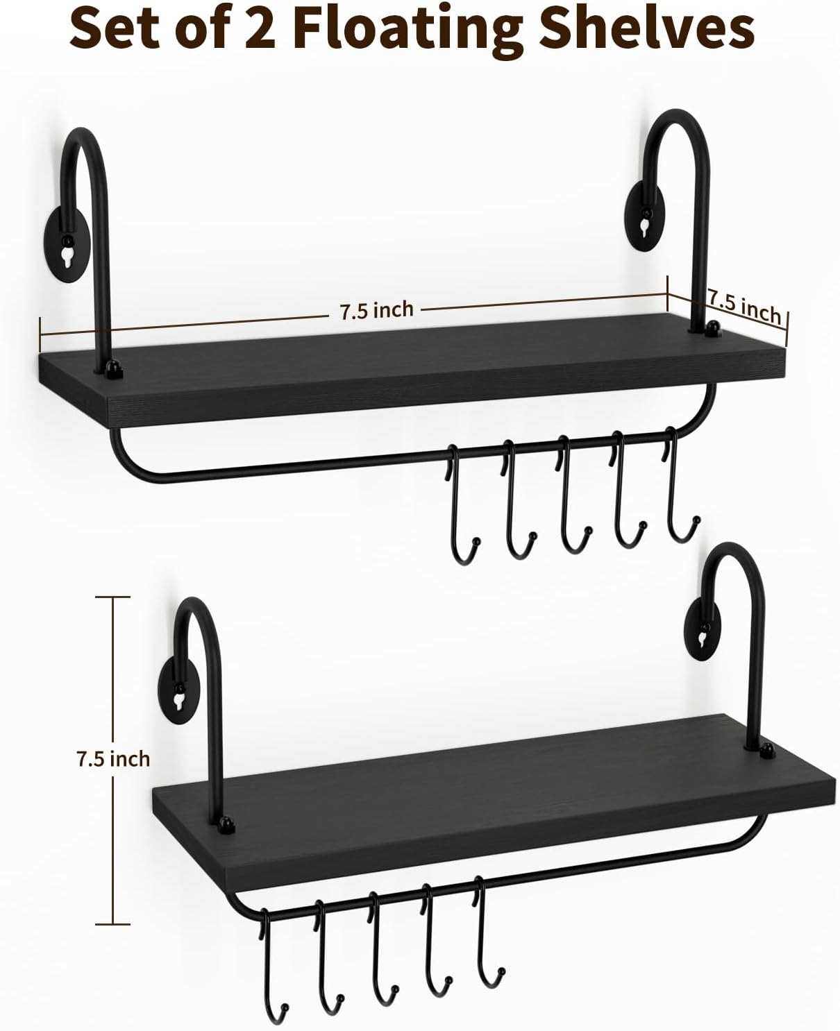 Coffee Mug Cup Holder Wall Mount, Floating Wall Shelves for Coffee Bar Organizer and Decor, Mug Rack Shelf with 10 Hooks for Kitchen Bathroom Coffee Bar Accessories Set of 2 (Carbonized Black)