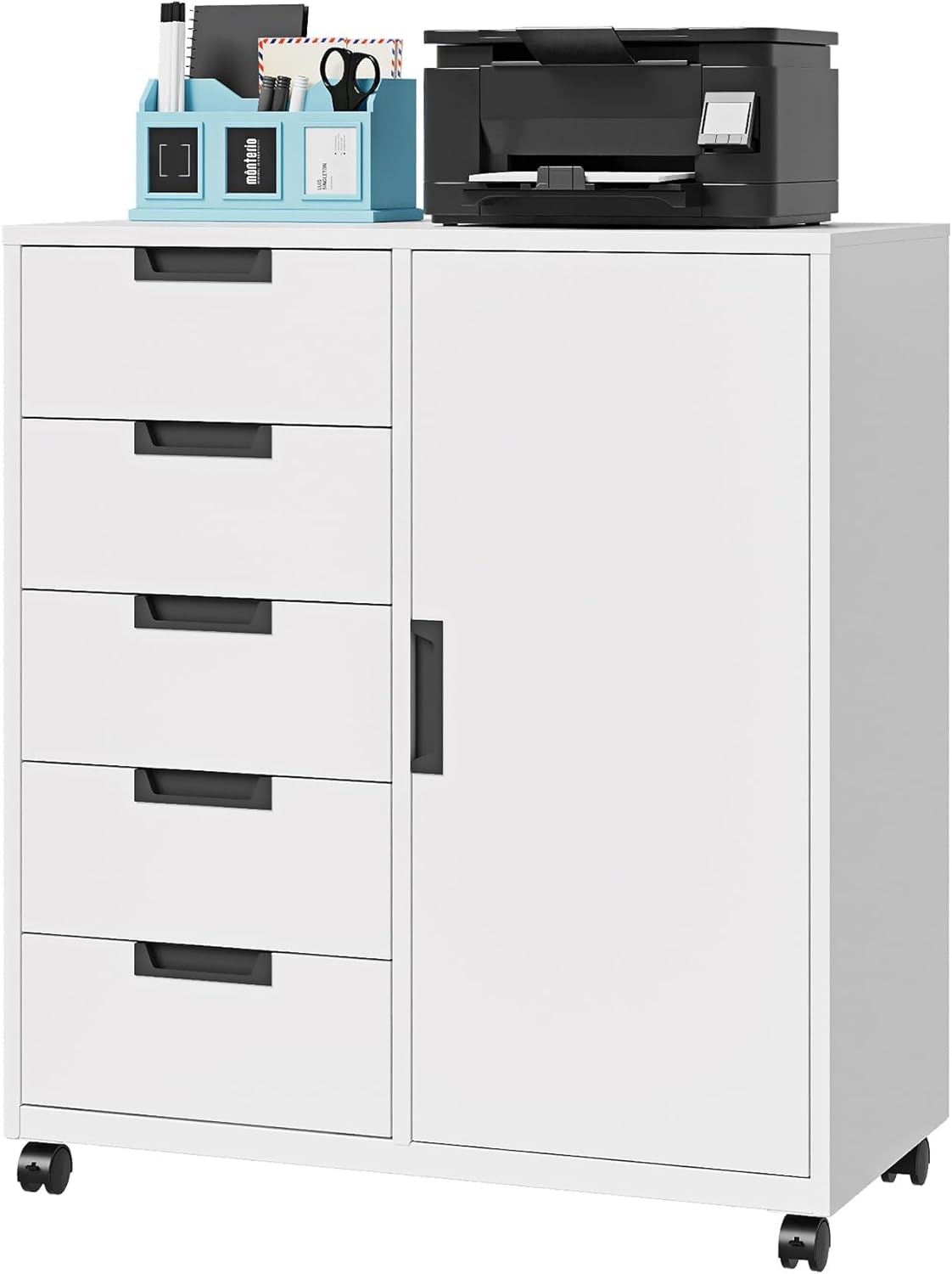 5 Drawer Storage Cabinet, Mobile Printer Stand for Home Office,Dresser Chest with Shelves and Door(Black)