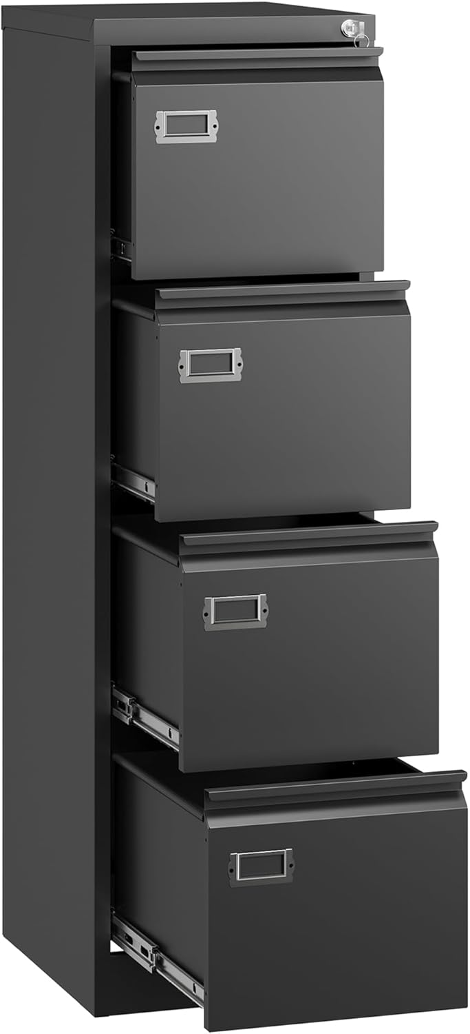 4 Drawer File Cabinet with Lock,Metal Office Filing Cabinets for Home Office- Storage A4/F4/Letter/Legal -Assembly Required (Black)