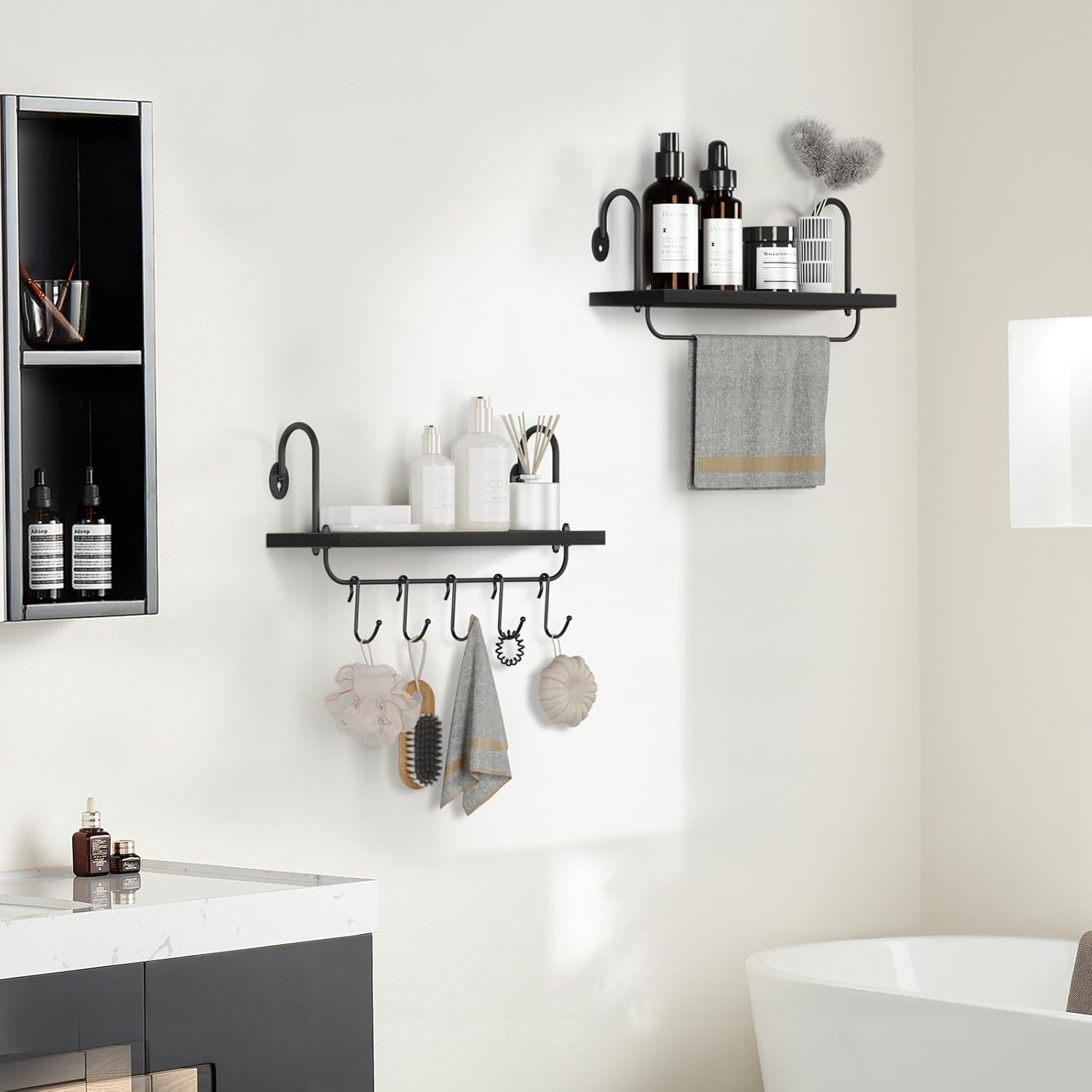 Coffee Mug Cup Holder Wall Mount, Floating Wall Shelves for Coffee Bar Organizer and Decor, Mug Rack Shelf with 10 Hooks for Kitchen Bathroom Coffee Bar Accessories Set of 2 (Carbonized Black)