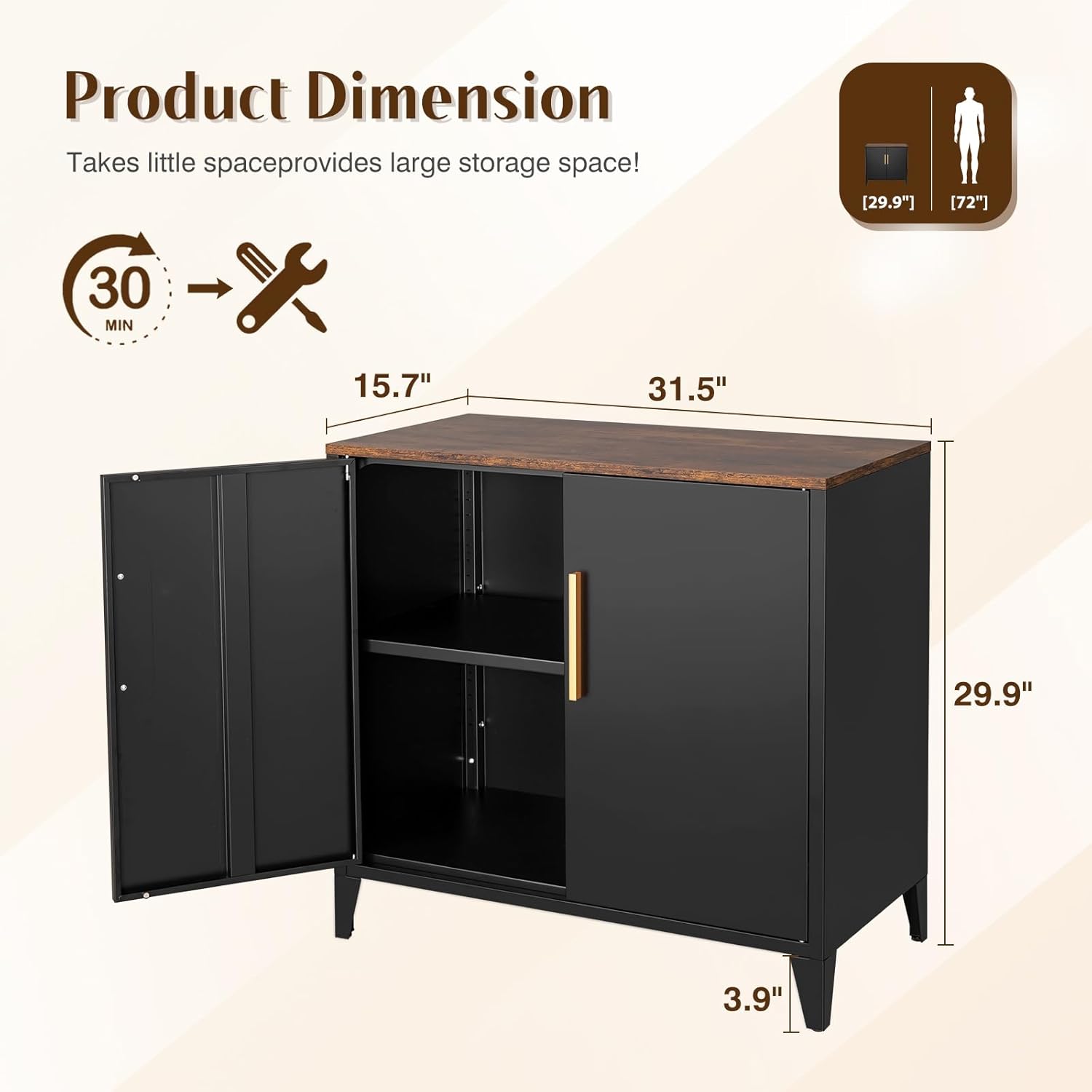 Metal Storage Cabinet with 2 Doors and Shelves 16" Dx 32" Wx30 H,Small Buffet Sideboard Short Cabinet for Kitchen Dining,Office Credenza Locker Modern Coffee Bar,Entryway Bathroom(Black)