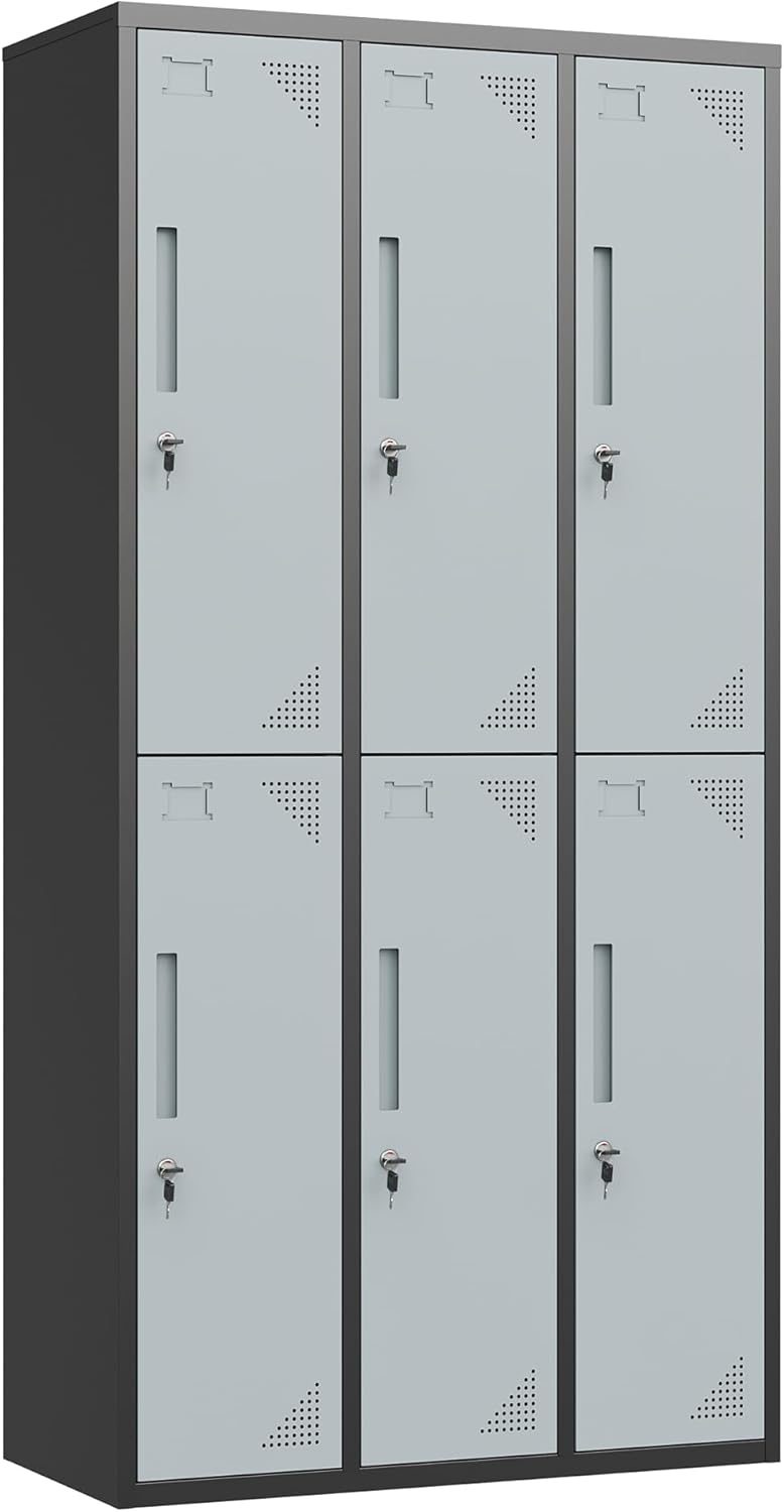 Metal Lockers for Employees,71" Steel Storage Cabinet with 6 Door Lockable for Office Staff,Home,Gym,School (Grey White)