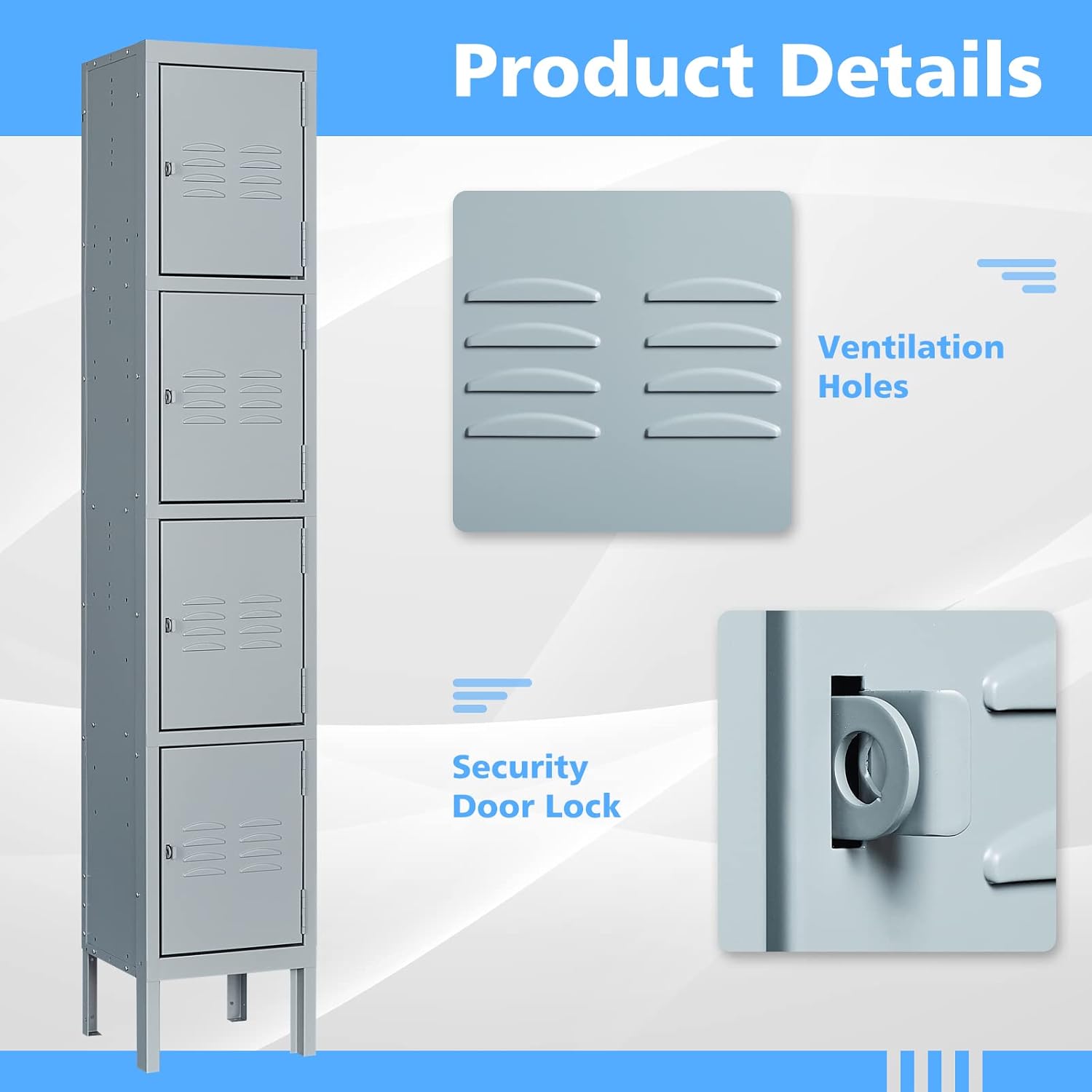 Storage Lockers with Lock Door,Metal Storage Cabinet 4 Tier for Employees, School,Gym, Home,Office(4 Door-Gray)