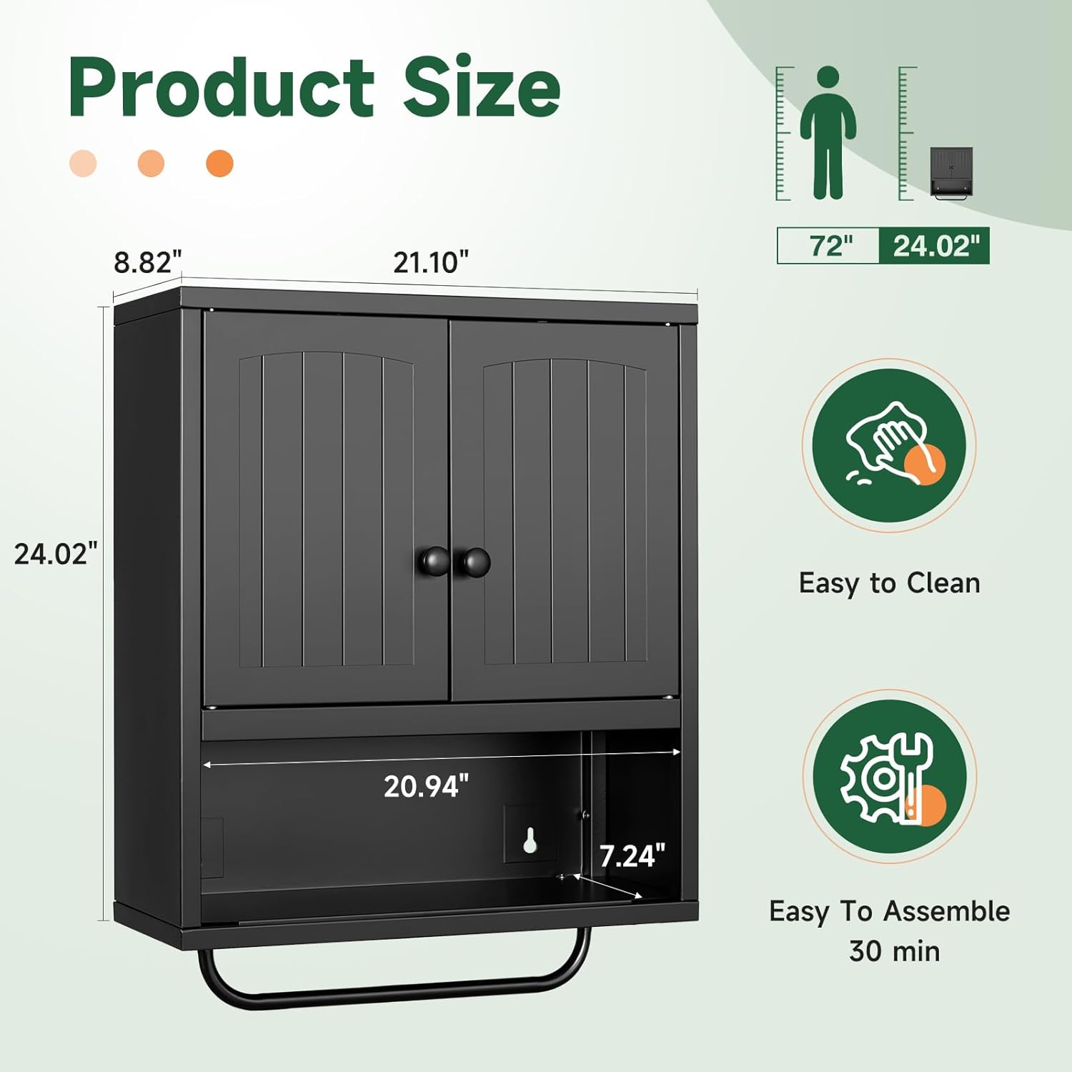 Metal Bathroom Wall Cabinet with 2 Doors,Medicine Cabinet with Towel Rack,Wall Mounted Storage Cabinet (Black)