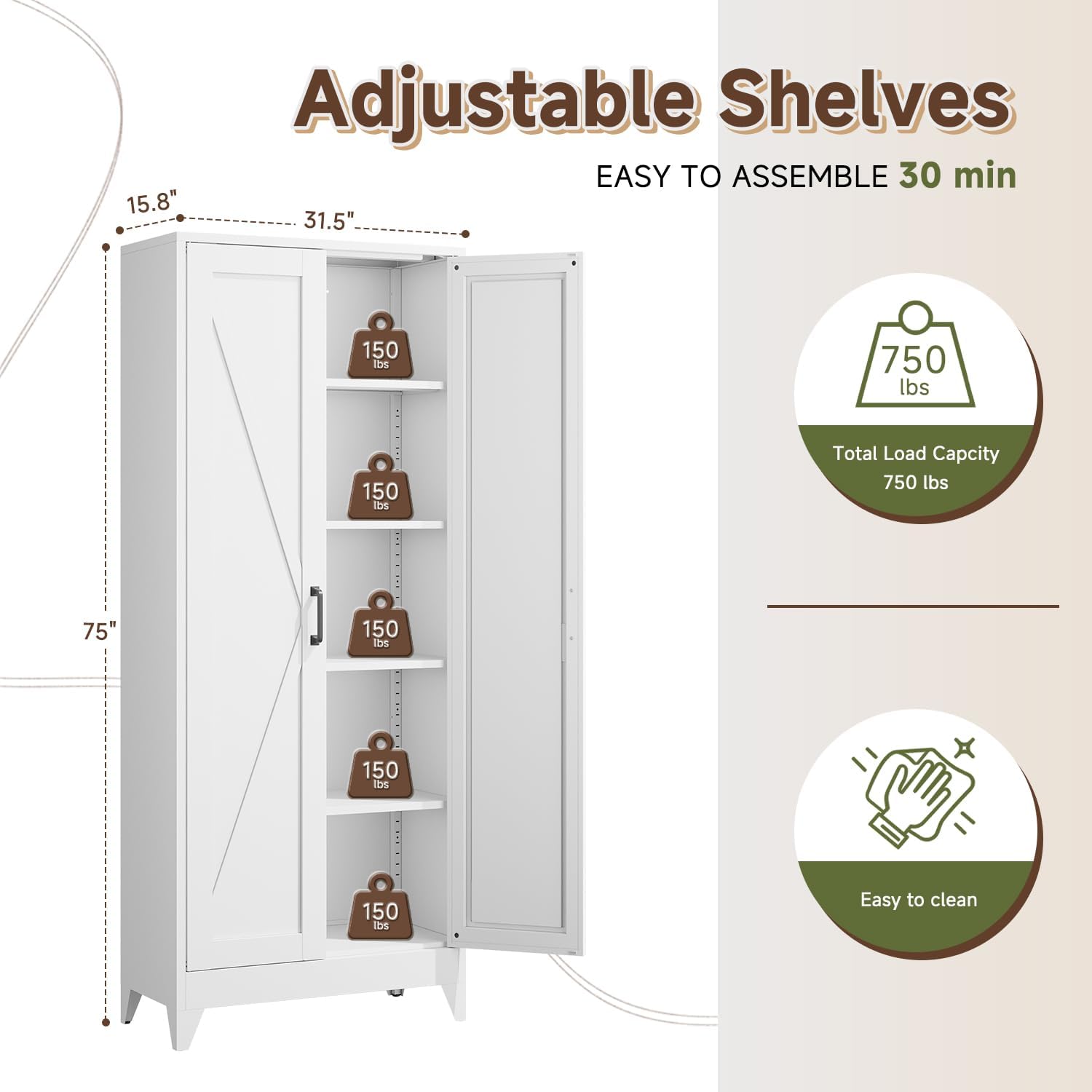 Storage Cabinet with Doors and Shelves,Small Freestanding Bathroom Floor Metal Cabinets -White