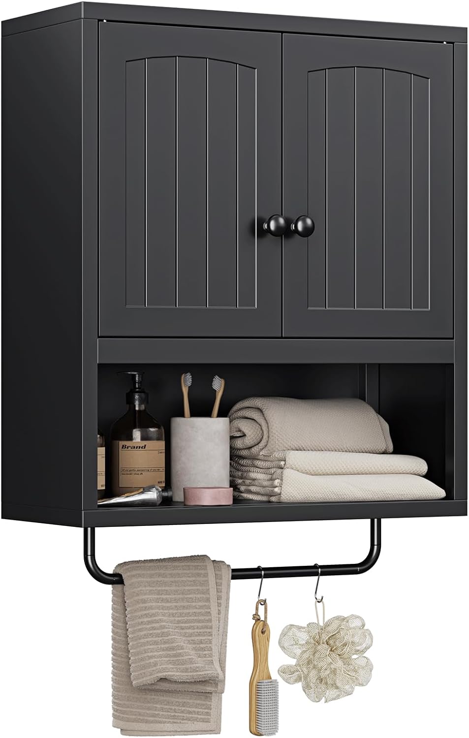 Metal Bathroom Wall Cabinet with 2 Doors,Medicine Cabinet with Towel Rack,Wall Mounted Storage Cabinet (Black)