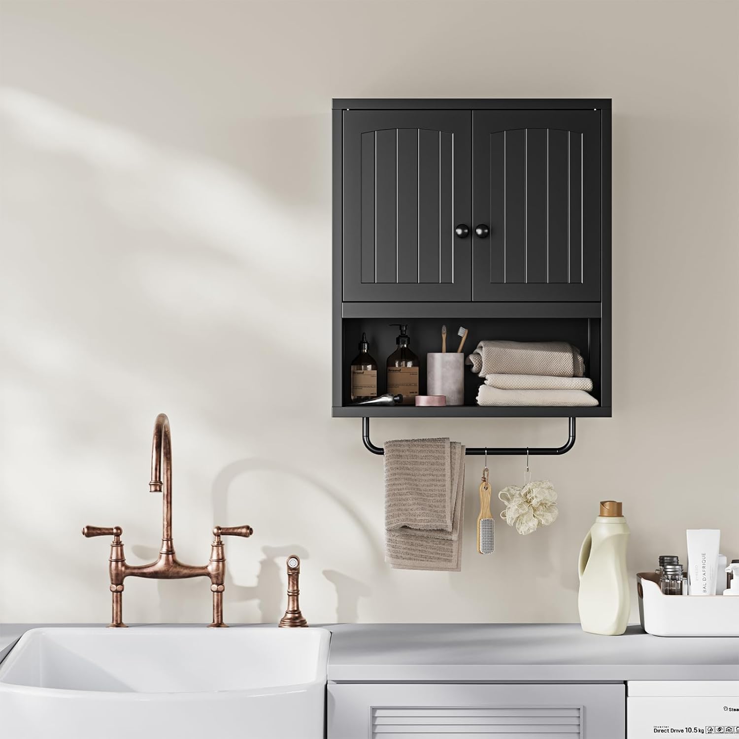 Metal Bathroom Wall Cabinet with 2 Doors,Medicine Cabinet with Towel Rack,Wall Mounted Storage Cabinet (Black)