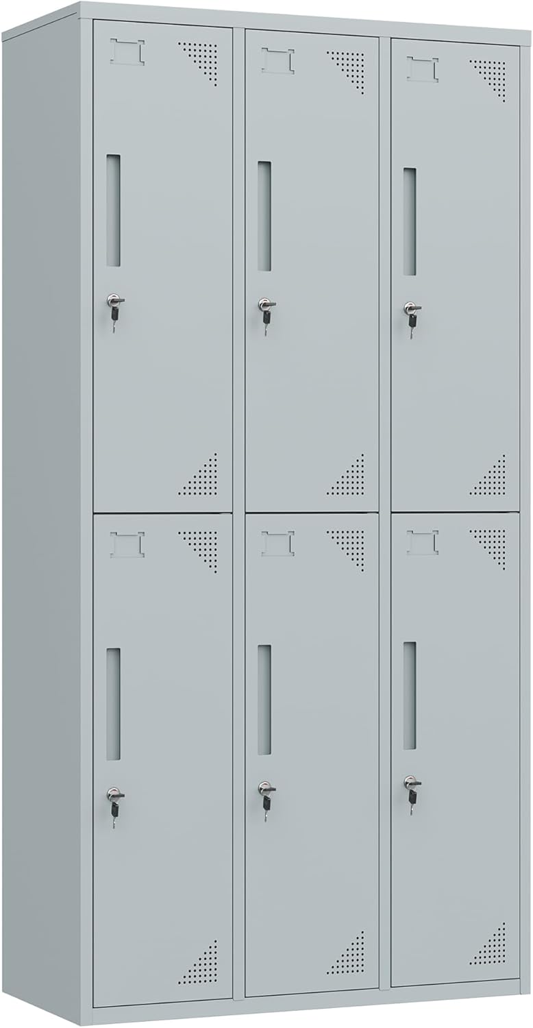 Metal Lockers for Employees,71" Steel Storage Cabinet with 6 Door Lockable for Office Staff,Home,Gym,School (Grey White)