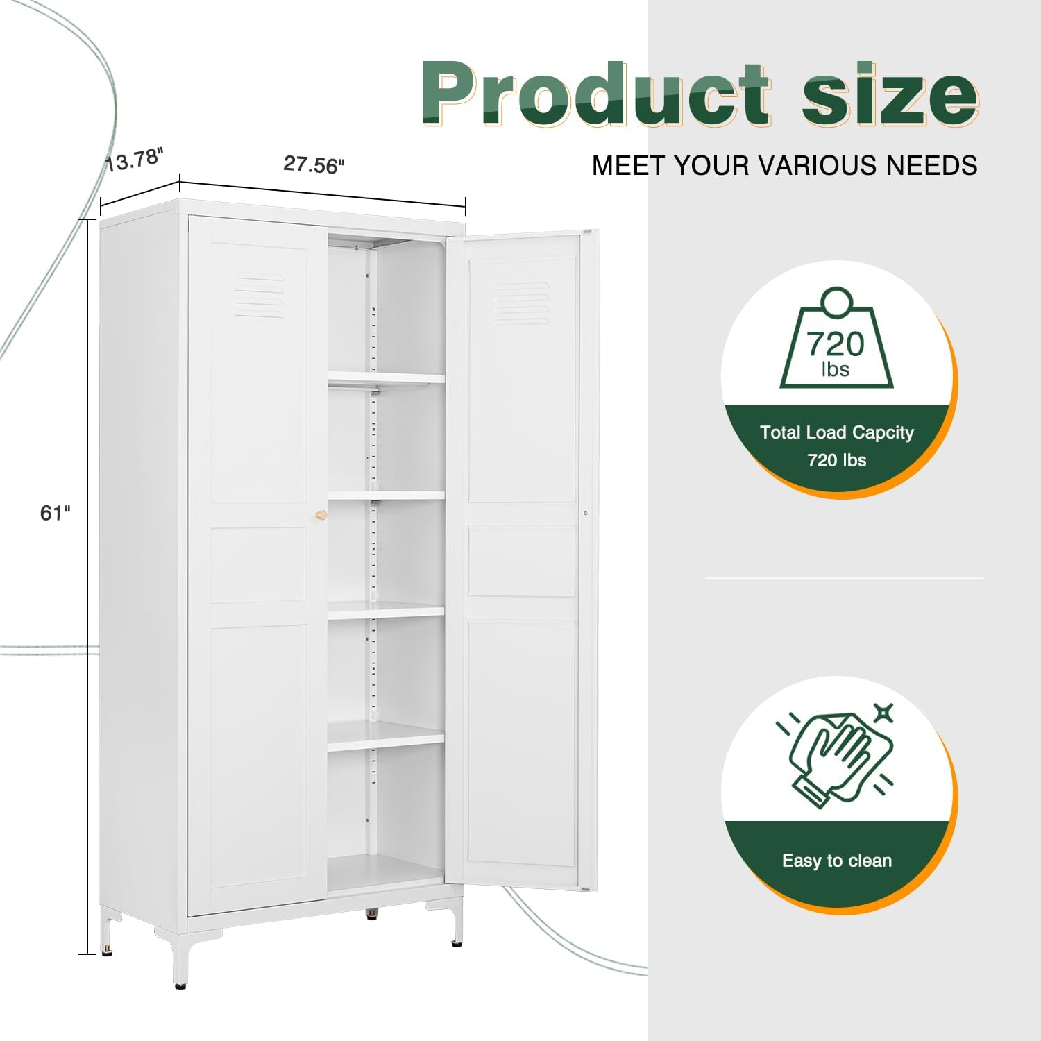 Storage Cabinet with Doors and Shelves,Small Freestanding Bathroom Floor Metal Cabinets -White