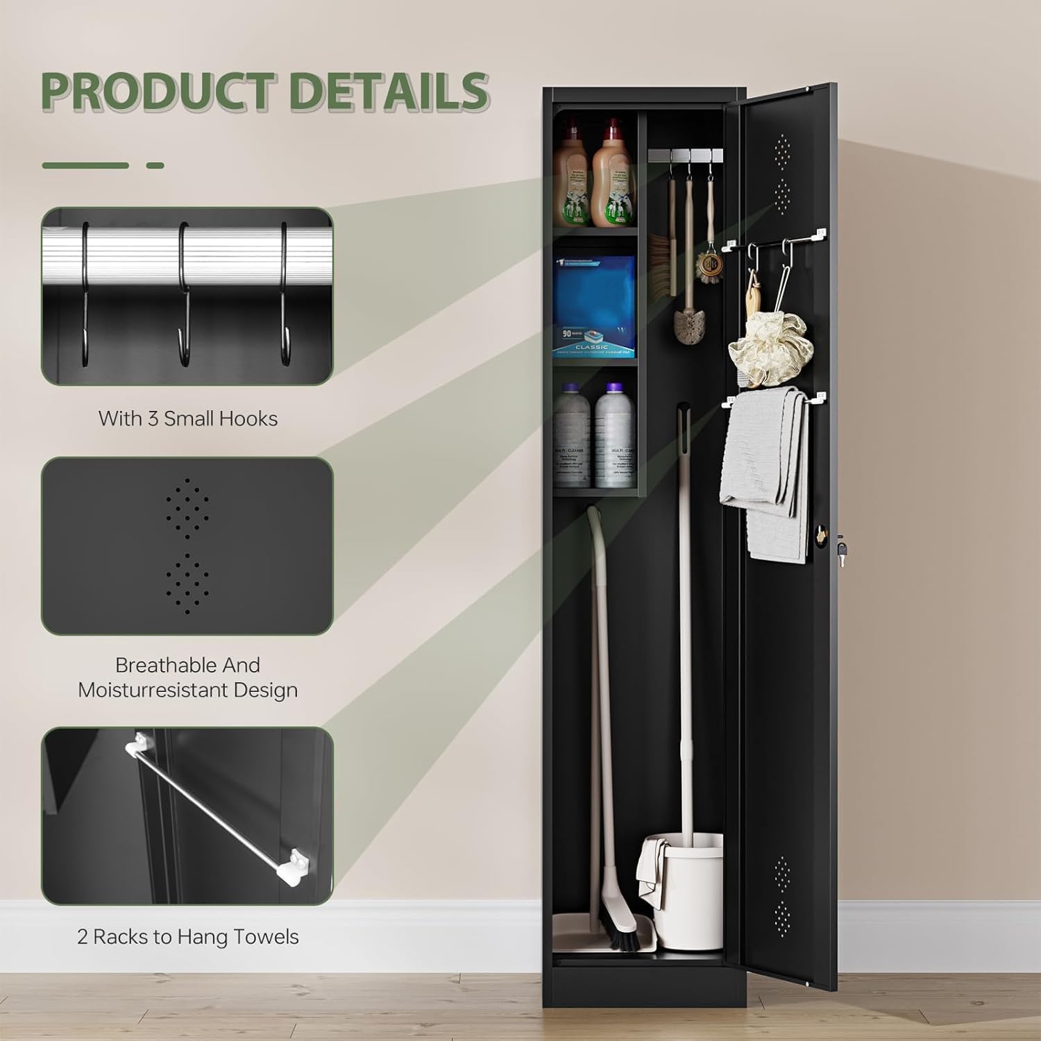 Broom Closet Storage Cabinet,Metal Cleaning Supply Tool Cabinet,Utility Cabinets for Brooms & Mops Black Garage Organization Cabinet for Laundry Room, Bathroom