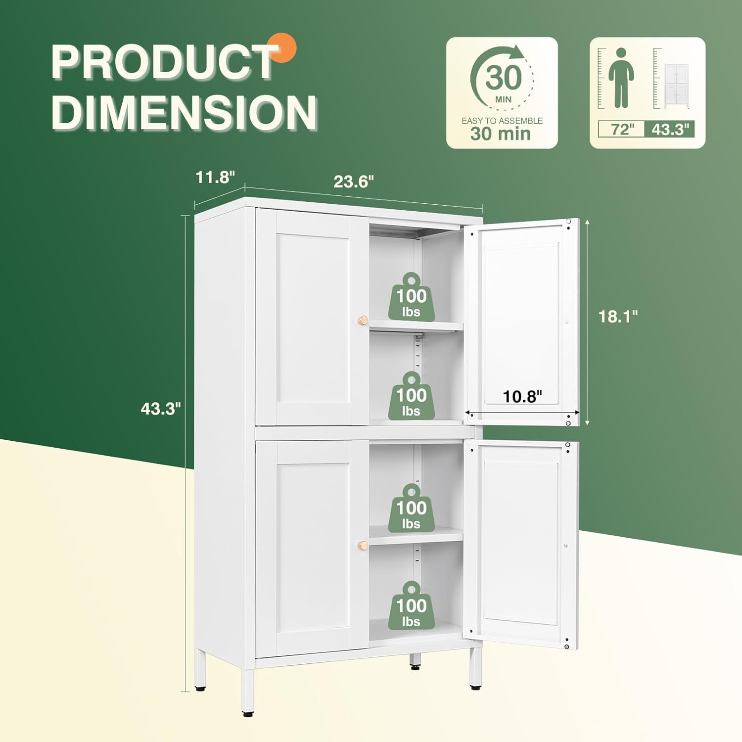 Storage Cabinet with Doors and Shelves,Small Freestanding Bathroom Floor Metal Cabinets -White