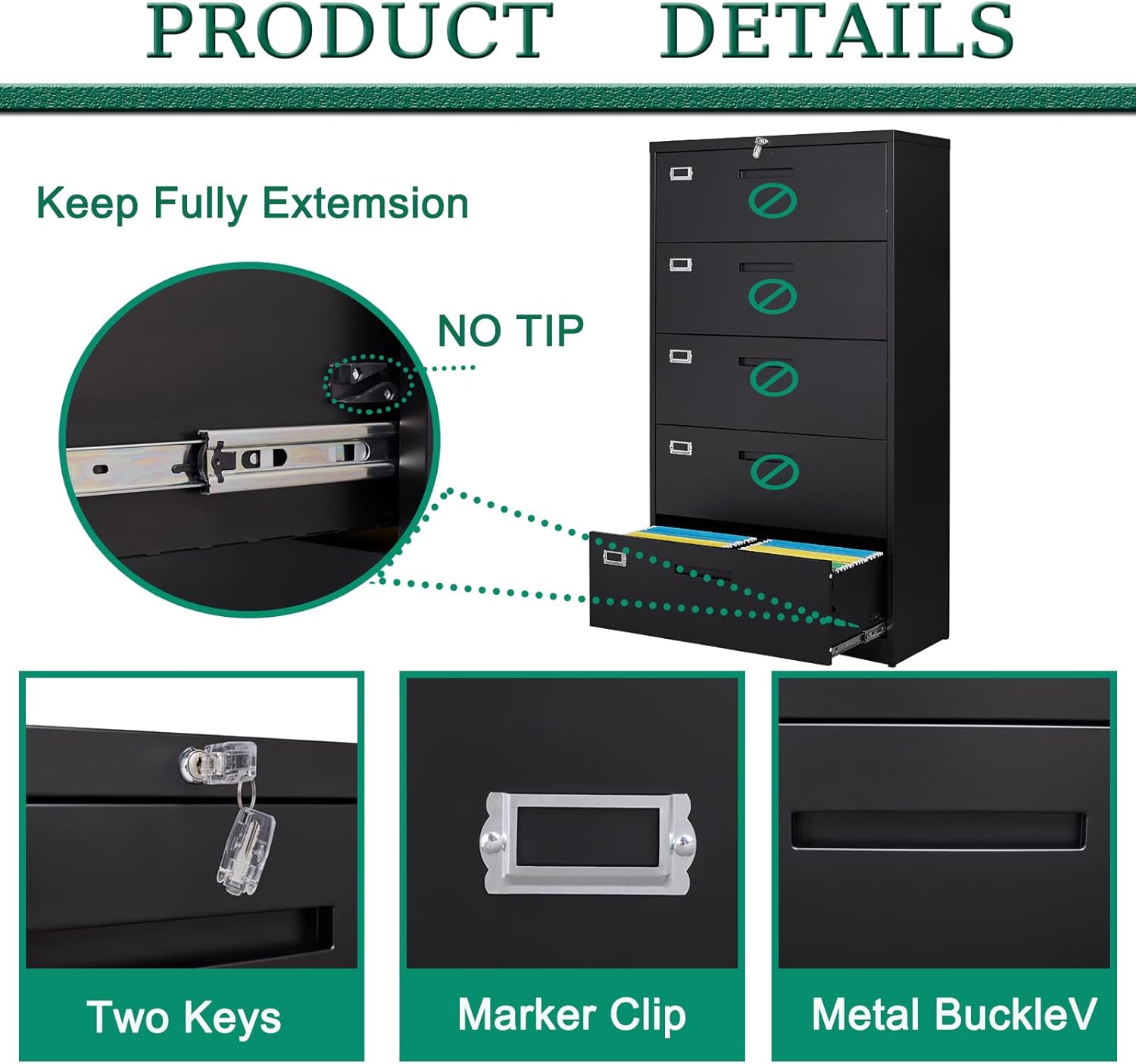 Metal Lateral File Cabinets with Lock,2 Drawer Steel Wide Filing Organization Storage Cabinets,Home Office Furniture for Hanging Files Letter/Legal/F4/A4 Size (Blcak-2 Drawer)