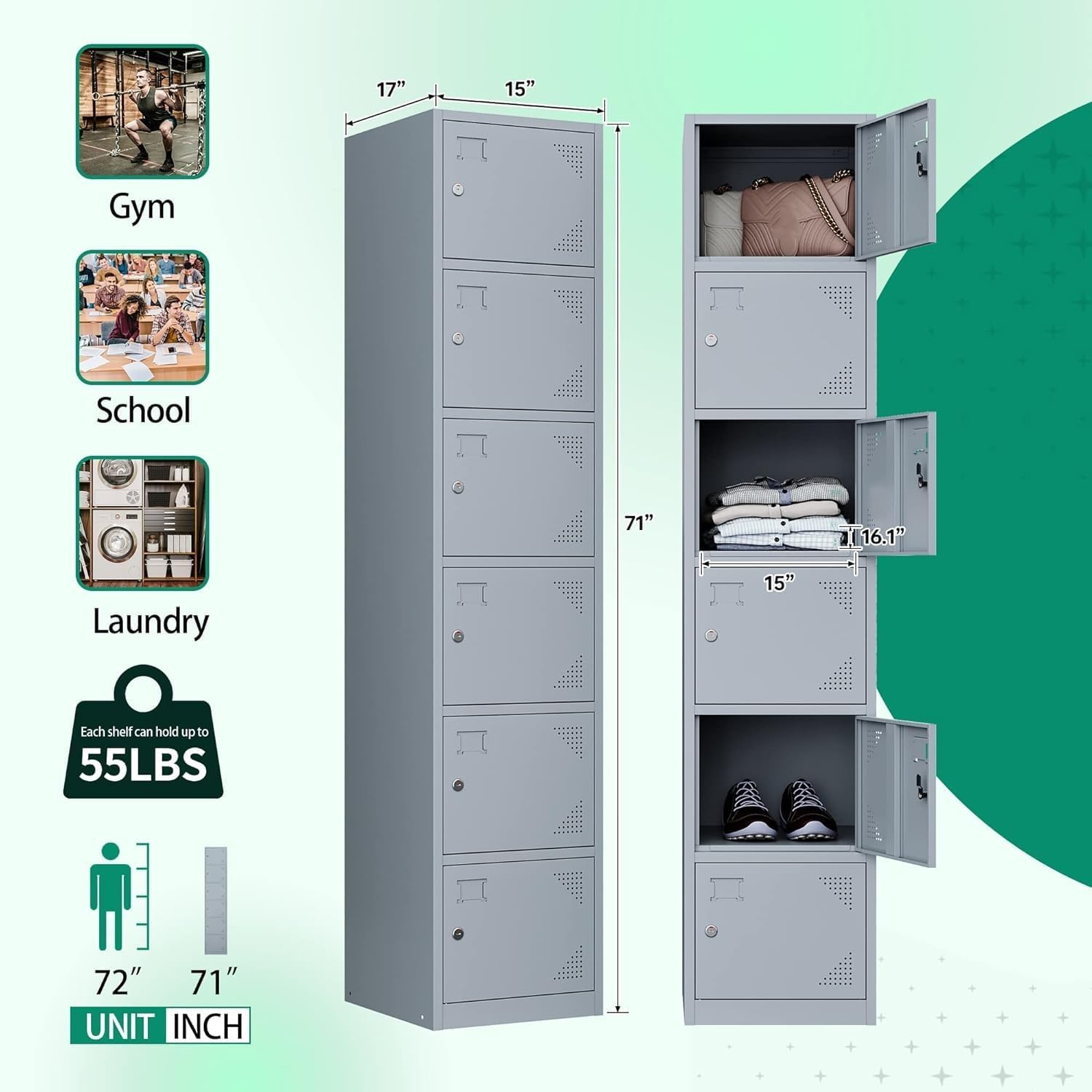 Metal Lockers for Employees,71" Steel Storage Cabinet with 6 Door Lockable for Office Staff,Home,Gym,School (Grey White)