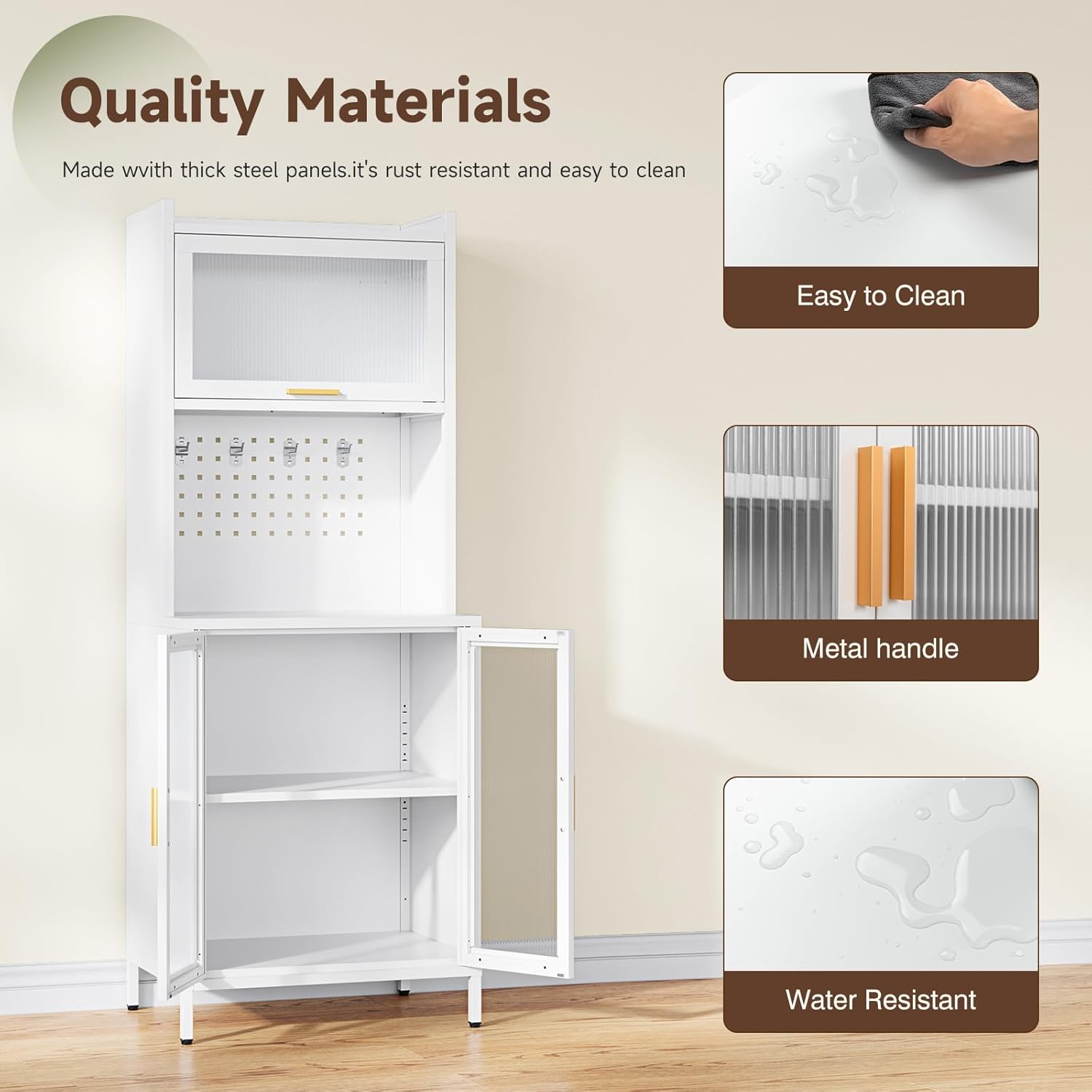 Kitchen Pantry Cabinet,72.6" Tall Kitchen Bakers Rack with Storage, Coffee Hutch with countertop,Metal Microwave Stand with Glass Doors for Dining Room, Laundry, Hallway,White