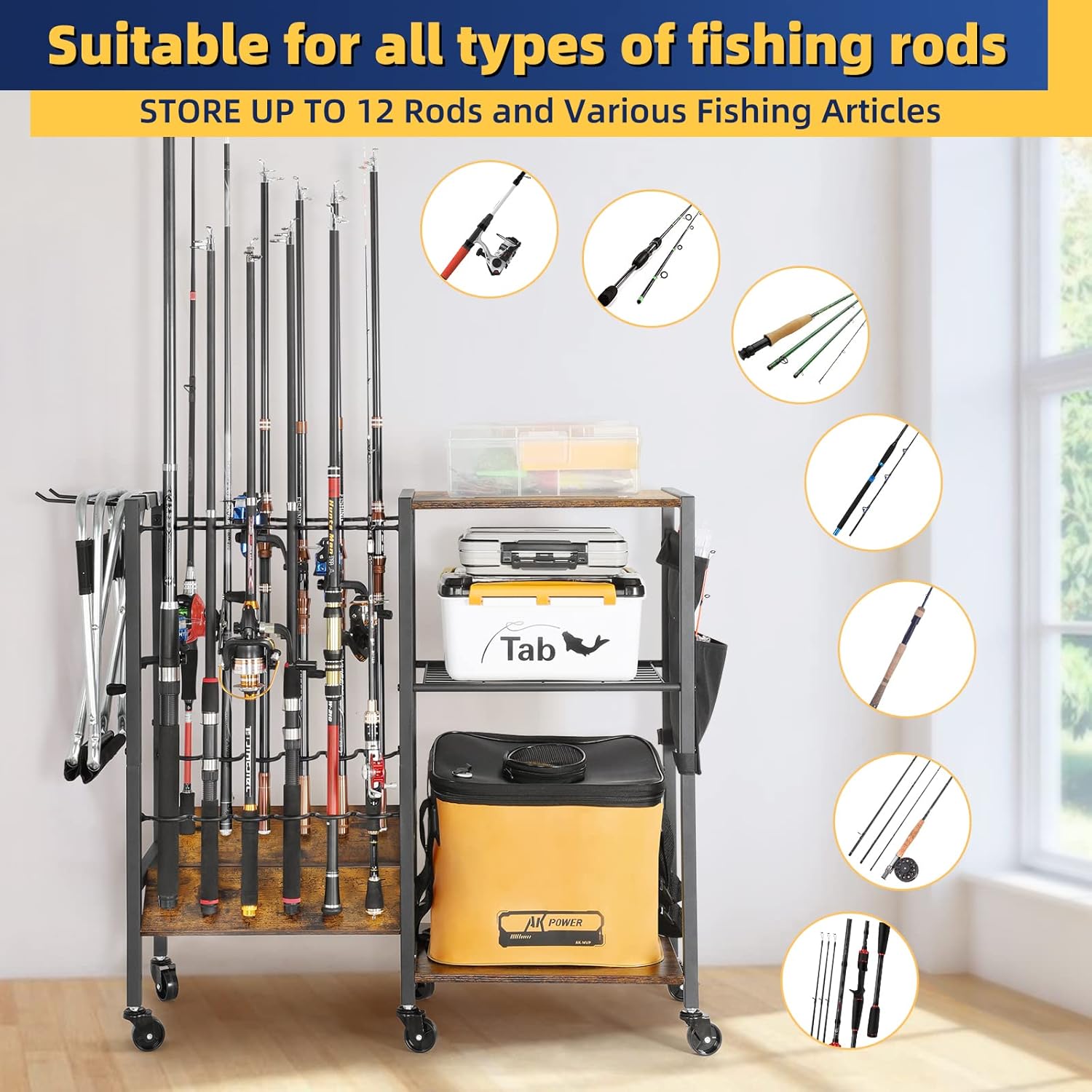 Fishing Rod Holders for Garage, Fishing Pole Holders Rolling Cart with Tackle Storage Organizer for Boat Home Entryway, Equipment Box & Reel Organization, Ideal Gift for Men Dad Anglers