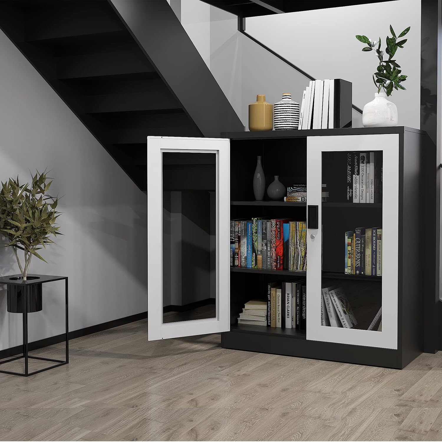 Storage Cabinet with Doors and Shelves,71" Steel Locker Acrylic Glass Door with Lock, for School Home Office