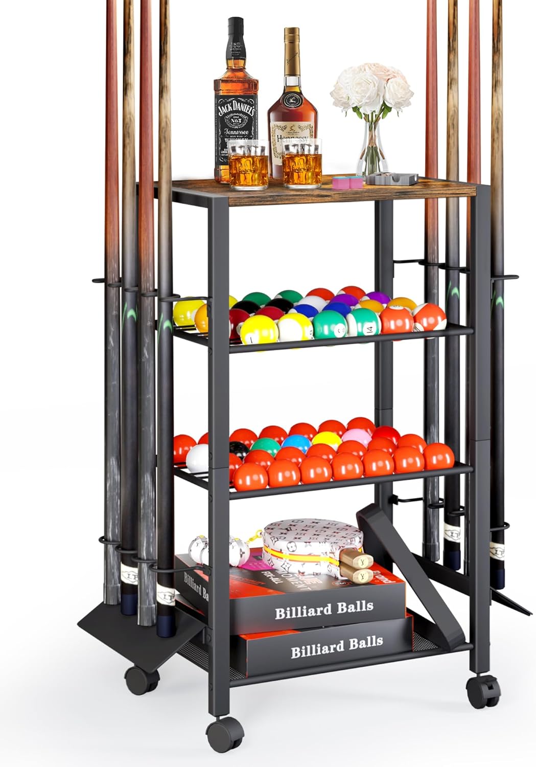 Pool Stick Holder Floor Stand up to 12 Cue Sticks, Pool Cue Holder with Balls Storage, Pool Table Accessories Stand Large Pool Cue Rack Equipment Organizer Cue Stick Holder for Billiard Game Room