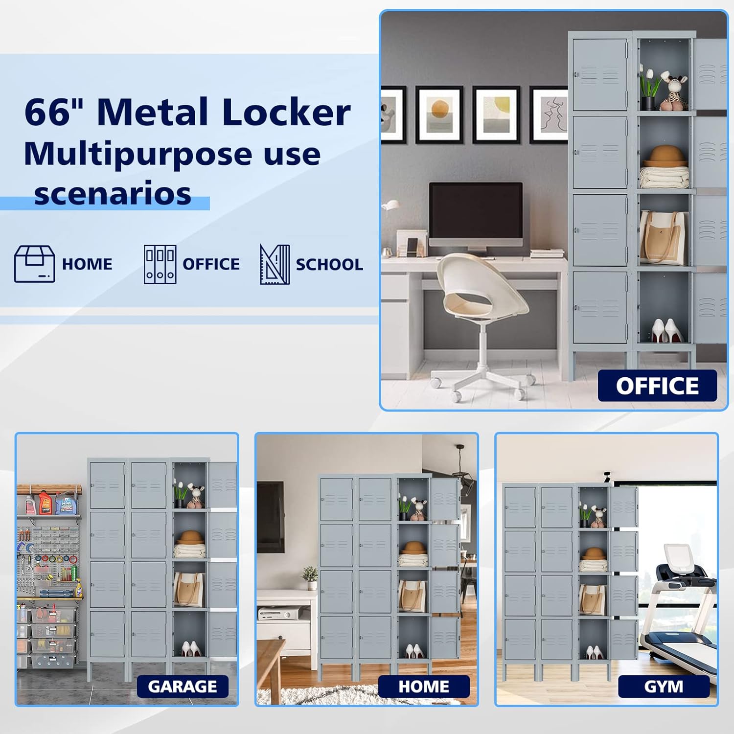 Storage Lockers with Lock Door,Metal Storage Cabinet 4 Tier for Employees, School,Gym, Home,Office(4 Door-Gray)