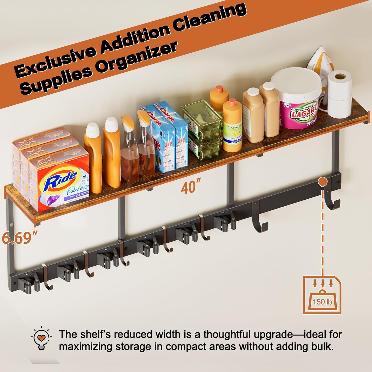 Broom Holder Wall Mount with Cleaning Supplies Organizer, Laundry Room Organization and Storage Shelves with Ironing Board Holder, Mop Hanger Broom Rack with Hooks, Home Improvement Garage Organizer