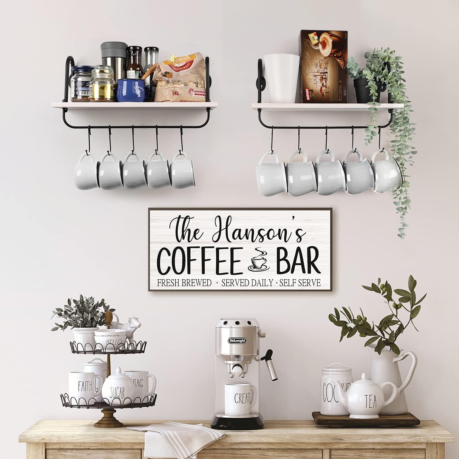 Coffee Mug Cup Holder Wall Mount, Floating Wall Shelves for Coffee Bar Organizer and Decor, Mug Rack Shelf with 10 Hooks for Kitchen Bathroom Coffee Bar Accessories Set of 2 (Carbonized Black)