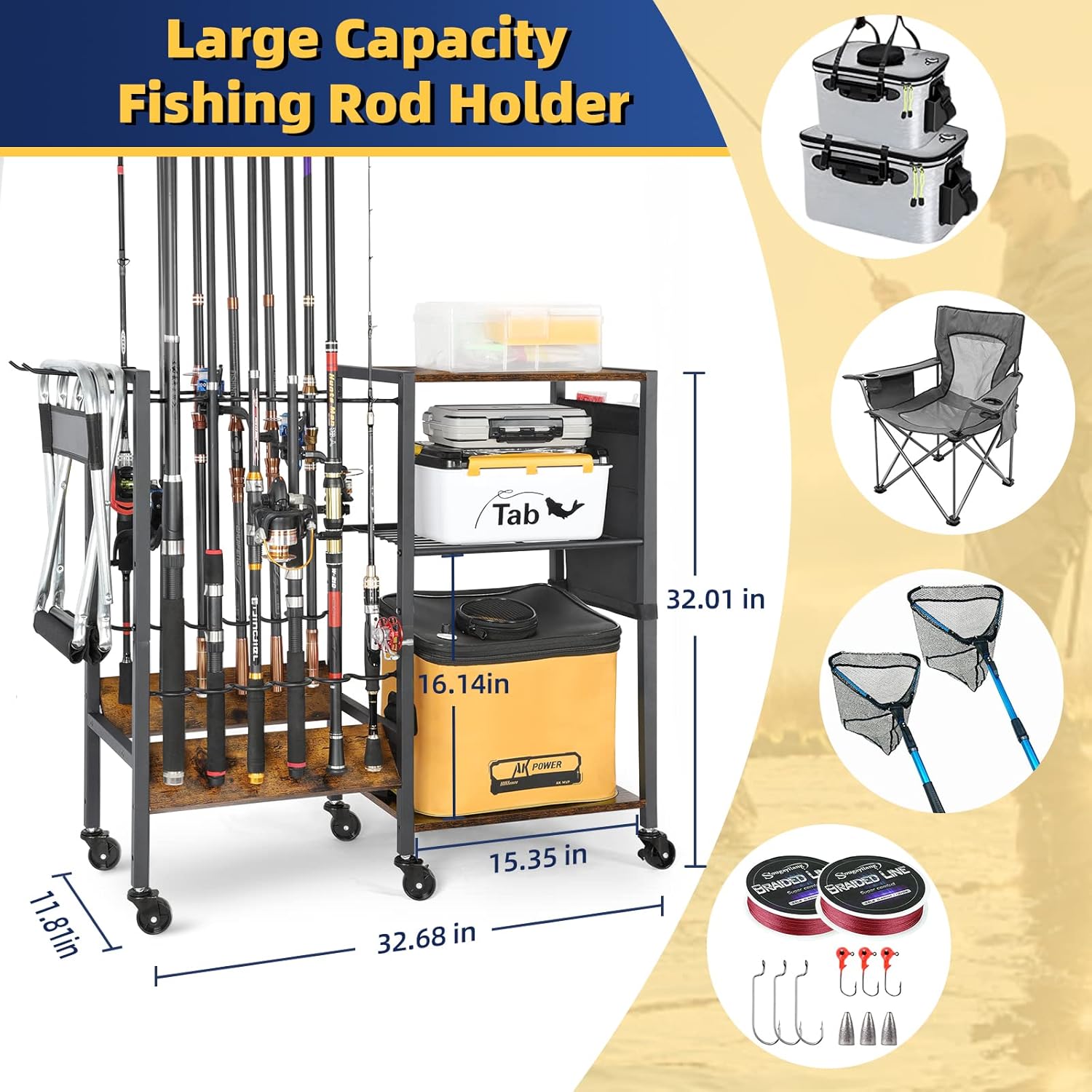 Fishing Rod Holders for Garage, Fishing Pole Holders Rolling Cart with Tackle Storage Organizer for Boat Home Entryway, Equipment Box & Reel Organization, Ideal Gift for Men Dad Anglers