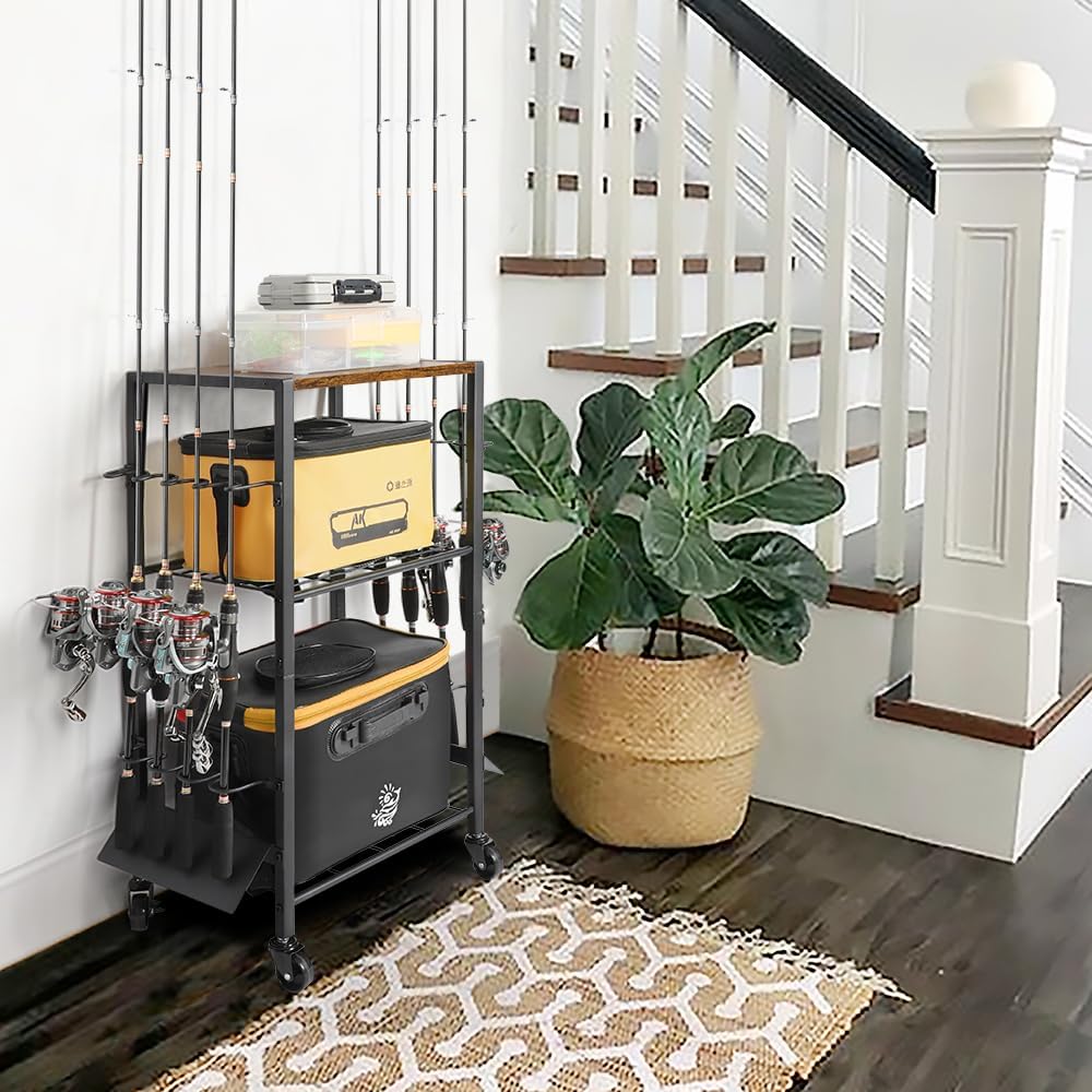 Fishing Rod Holders for Garage, Fishing Pole Holders Rolling Cart with Tackle Storage Organizer for Boat Home Entryway, Equipment Box & Reel Organization, Ideal Gift for Men Dad Anglers