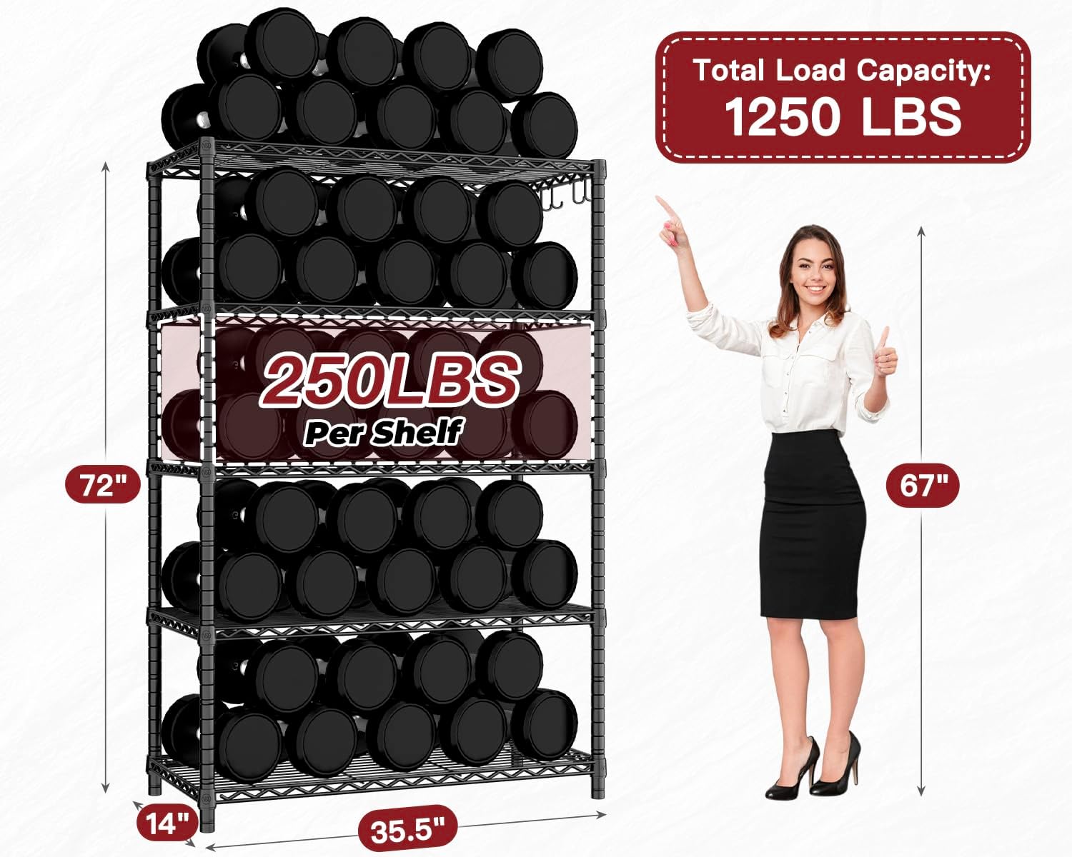 5-Tier Heavy Duty Wire Shelving Unit, Adjustable NSF-Certified Steel Storage Rack for Garage, Kitchen & Pantry, 35.5"W x 14"D x 72"H, Black