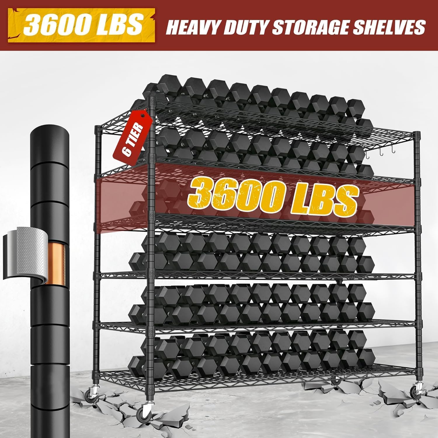 6-Tier Heavy Duty Wire Shelving with Wheels, Adjustable NSF-Certified Steel Storage Rack for Kitchen, Garage & Laundry, 36"W x 16"D x 79"H