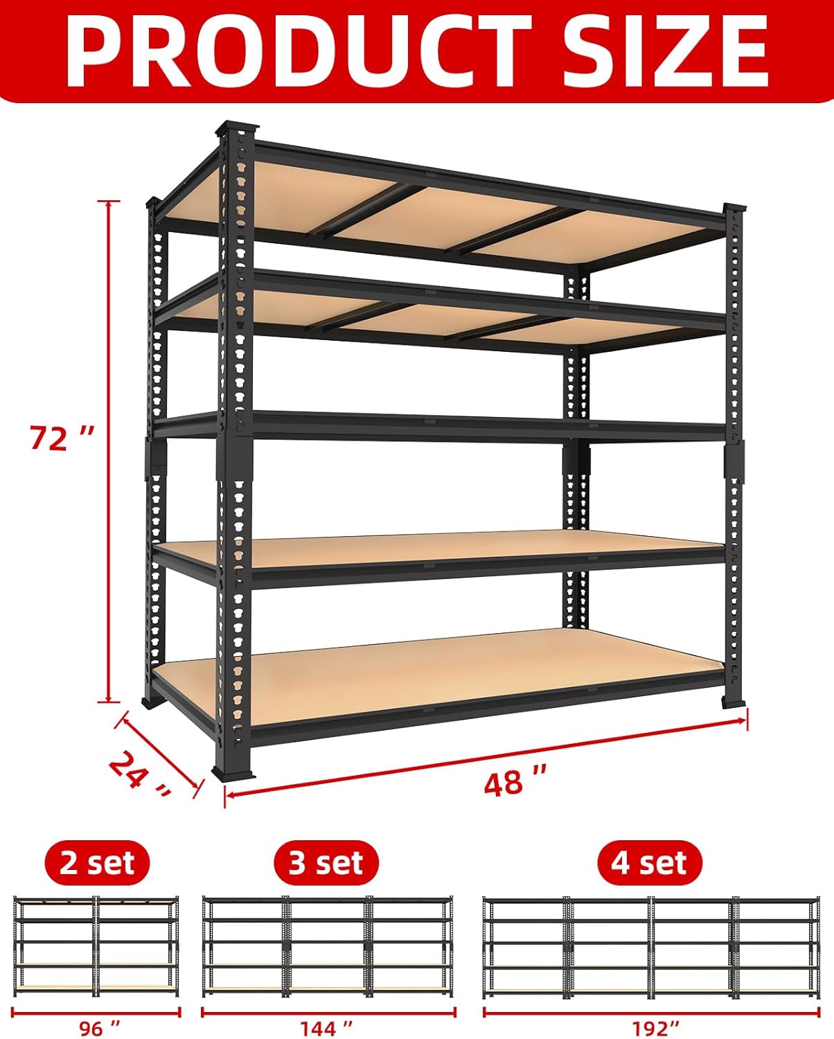 Adjustable Heavy Duty Metal Shelving Unit for Garage, Pantry & Basement Storage, 48"W x 24"D x 72"H, Black
