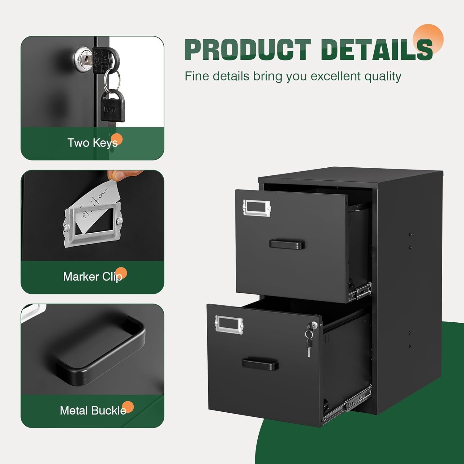 2 Drawer File Cabinet with Lock,Metal Office Small Filing Cabinets for Home Office,Storage Letter,Black-Easy Assemble