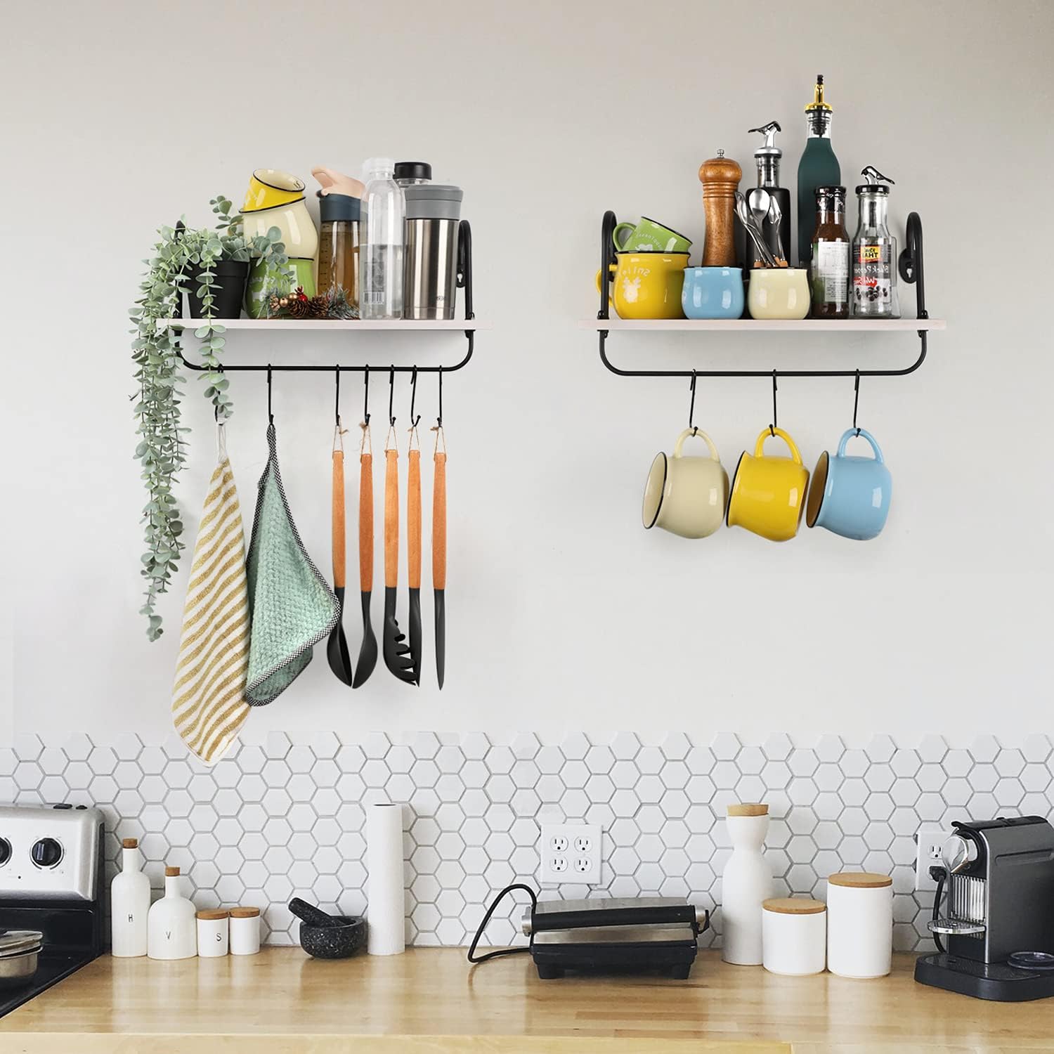 Coffee Mug Cup Holder Wall Mount, Floating Wall Shelves for Coffee Bar Organizer and Decor, Mug Rack Shelf with 10 Hooks for Kitchen Bathroom Coffee Bar Accessories Set of 2 (Carbonized Black)