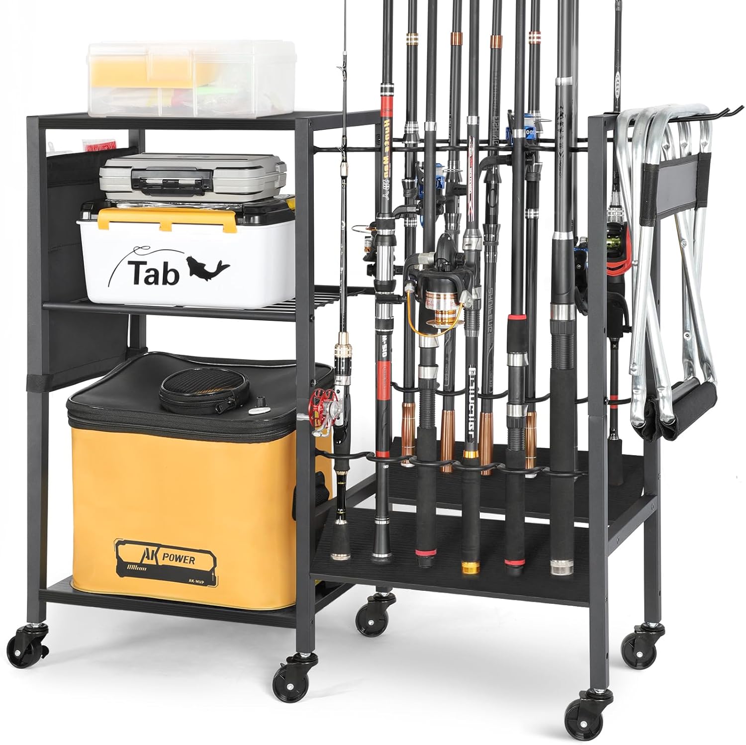 Fishing Rod Holders for Garage, Fishing Pole Holders Rolling Cart with Tackle Storage Organizer for Boat Home Entryway, Equipment Box & Reel Organization, Ideal Gift for Men Dad Anglers