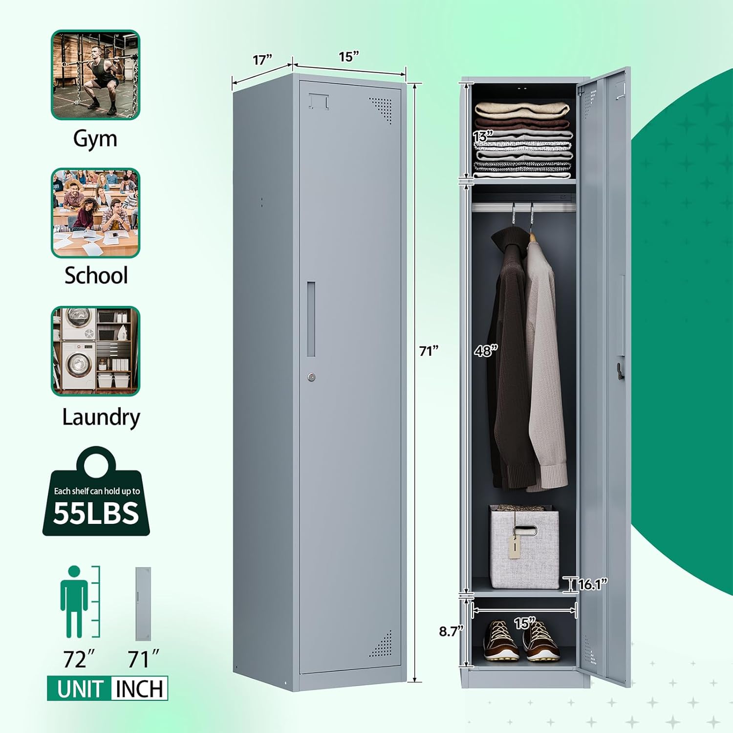 Metal Lockers for Employees,71" Steel Storage Cabinet with 6 Door Lockable for Office Staff,Home,Gym,School (Grey White)