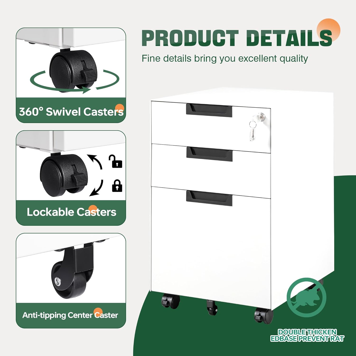 3 Drawer Mobile File Cabinet with Lock,Under Desk Metal Filing Cabinets for Home Office Organizer Letters/Legal/A4((Fully Assembled-Black)