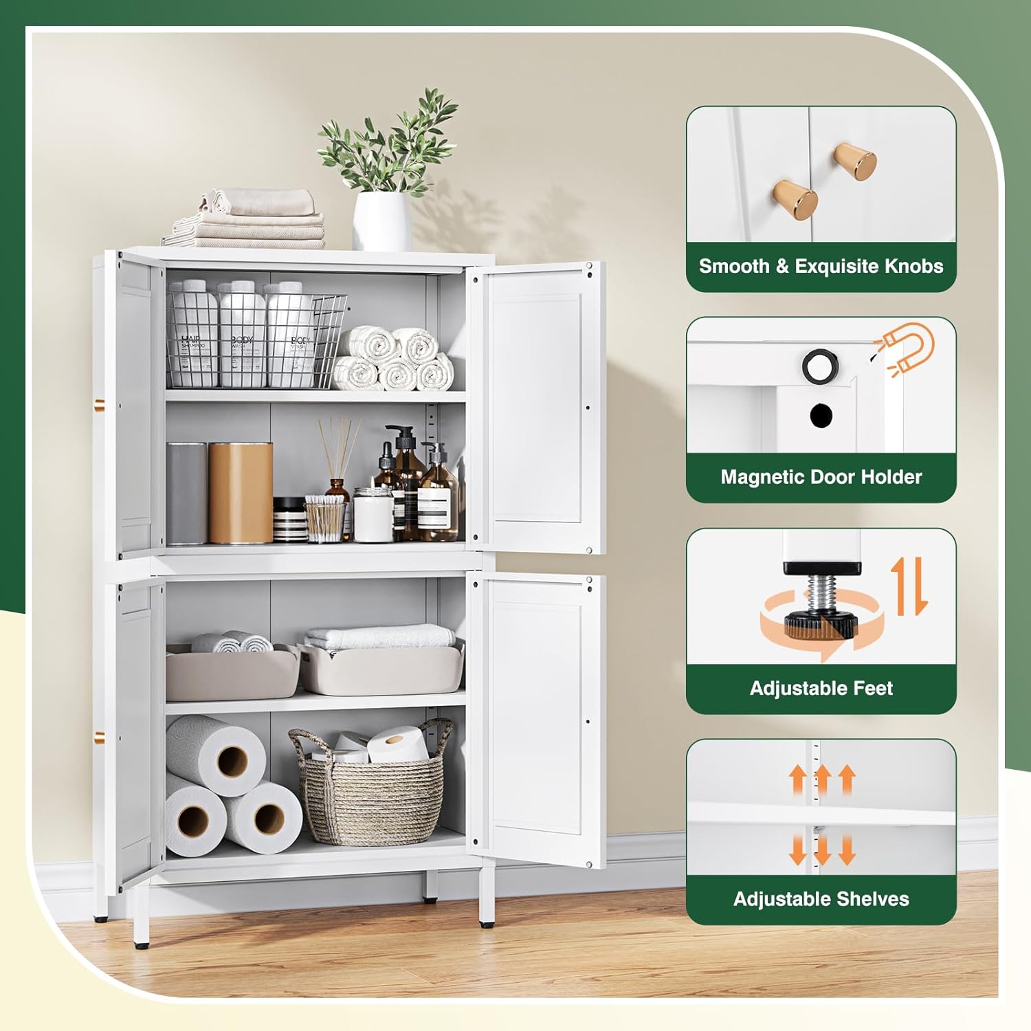 Storage Cabinet with Doors and Shelves,Small Freestanding Bathroom Floor Metal Cabinets -White