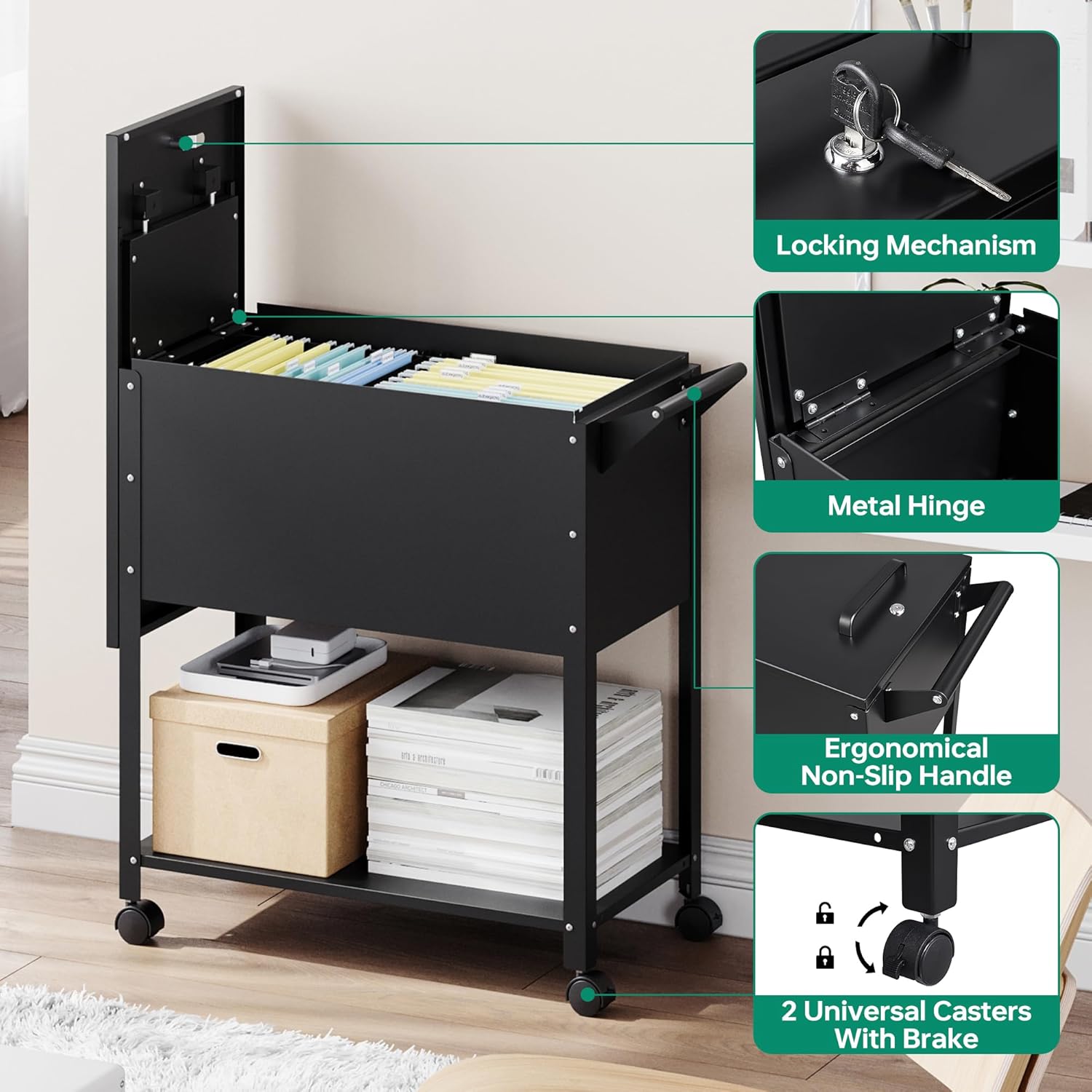 Mobile File Cabinet with Lock-Rolling Filing Cart with Wheels-Hanging Letter/A4/F4/Legal Size Movable Pull-Out File Folder for Home Office-Black